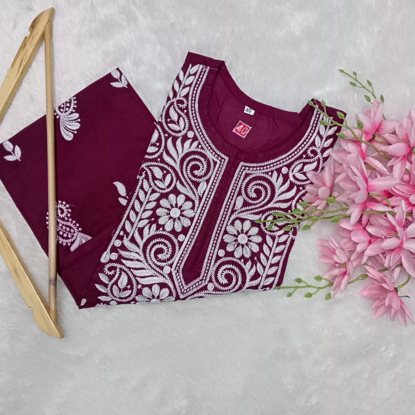 Cotton Machine Work Chikankari Kurti -Wine Colour - Chikankaar