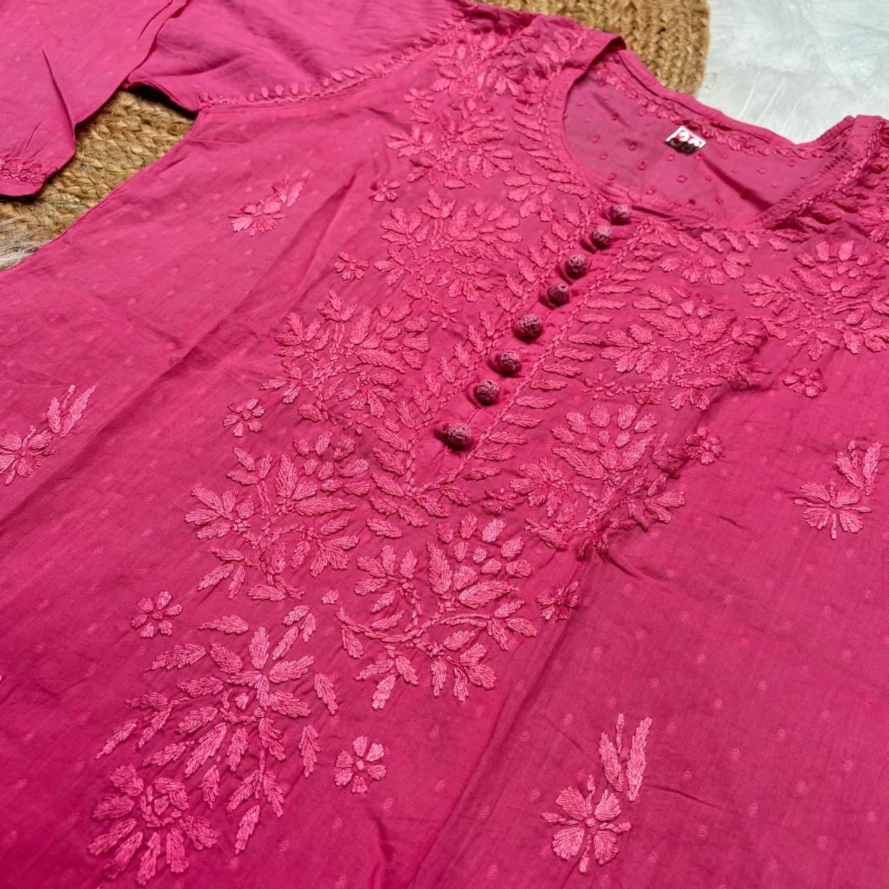 Adaah Ombre Shaded Dobby Cotton Chikankari Kurti - Gazri colour - Chikankaar