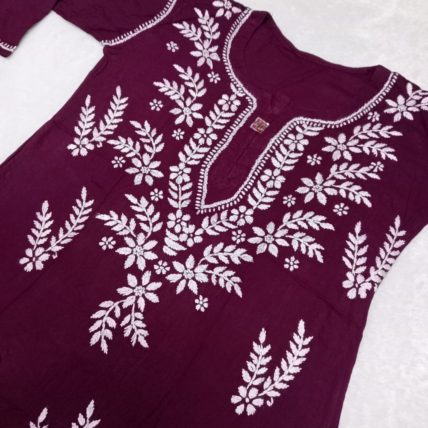 Pure Rayon Chikankari Ghas Patti Work Kurti -Wine Colour - Chikankaar