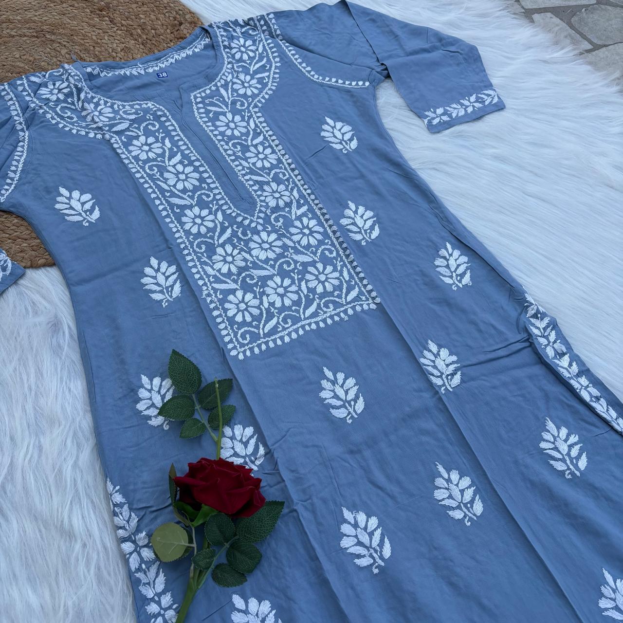 Soft Rayon Chikankari Kurti - Blue Colour