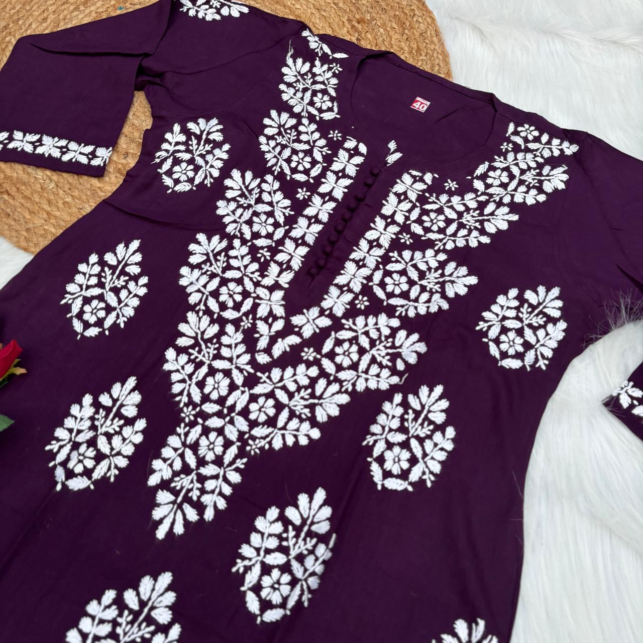 Ameena Soft Rayon Chikankari Kurti - Wine Colour