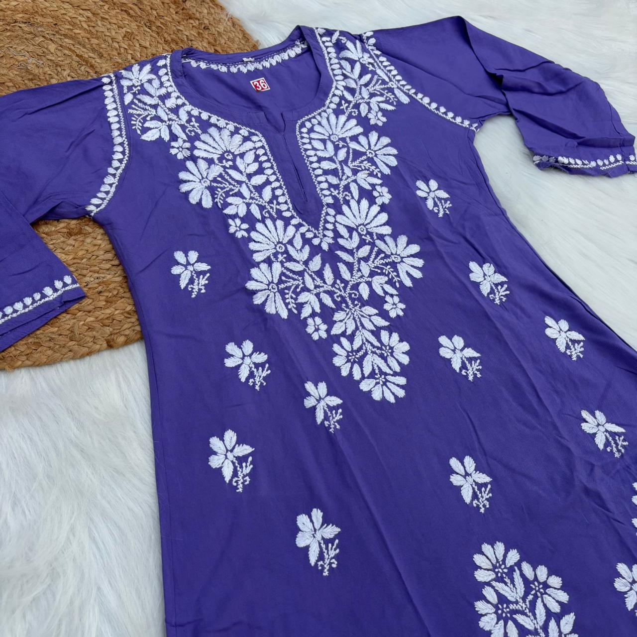 Ina Soft Rayon Chikankari Short Kurti - Purple Colour - Chikankaar