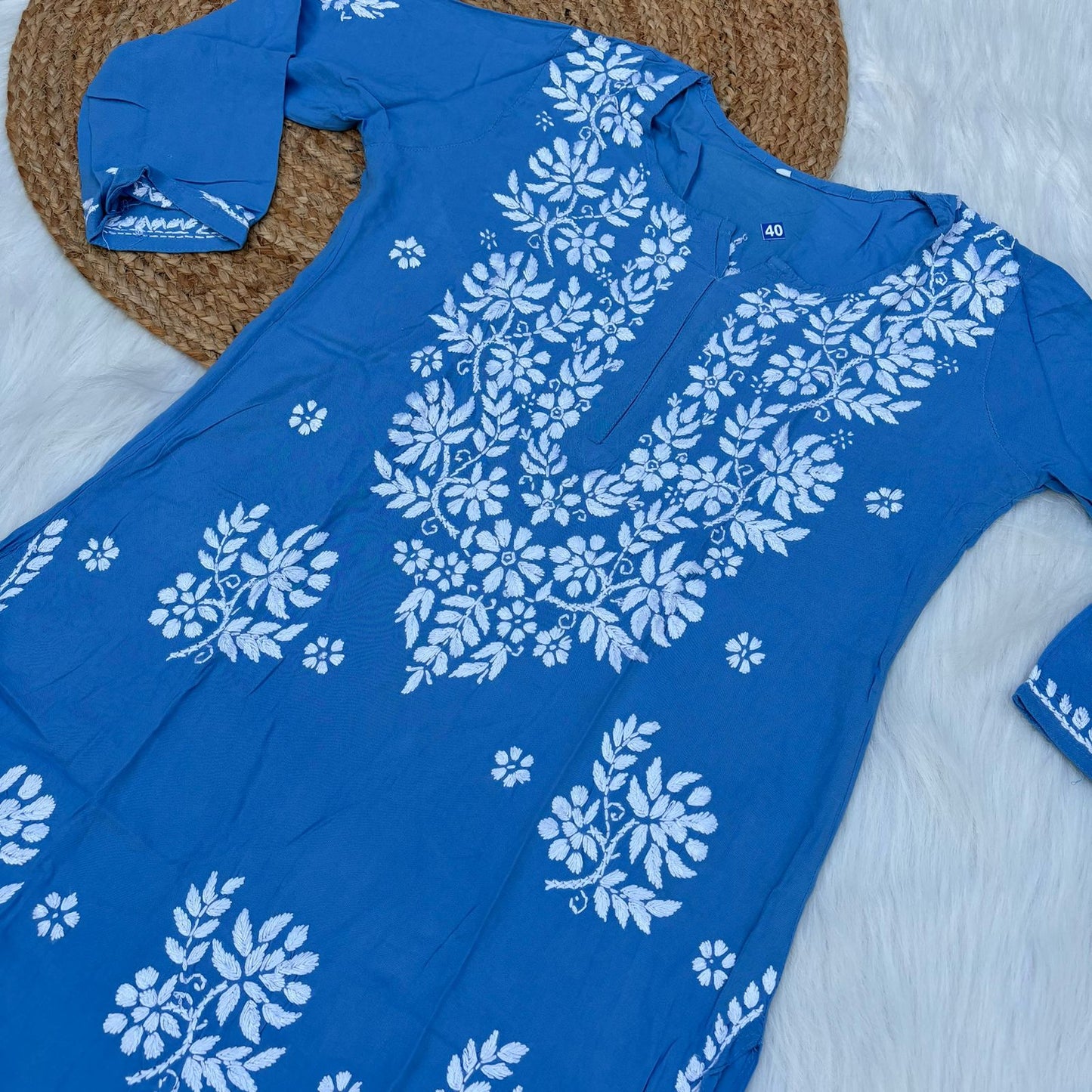 Jannat Soft Rayon Chikankari Kurti Plazo Set - Blue colour - Chikankaar