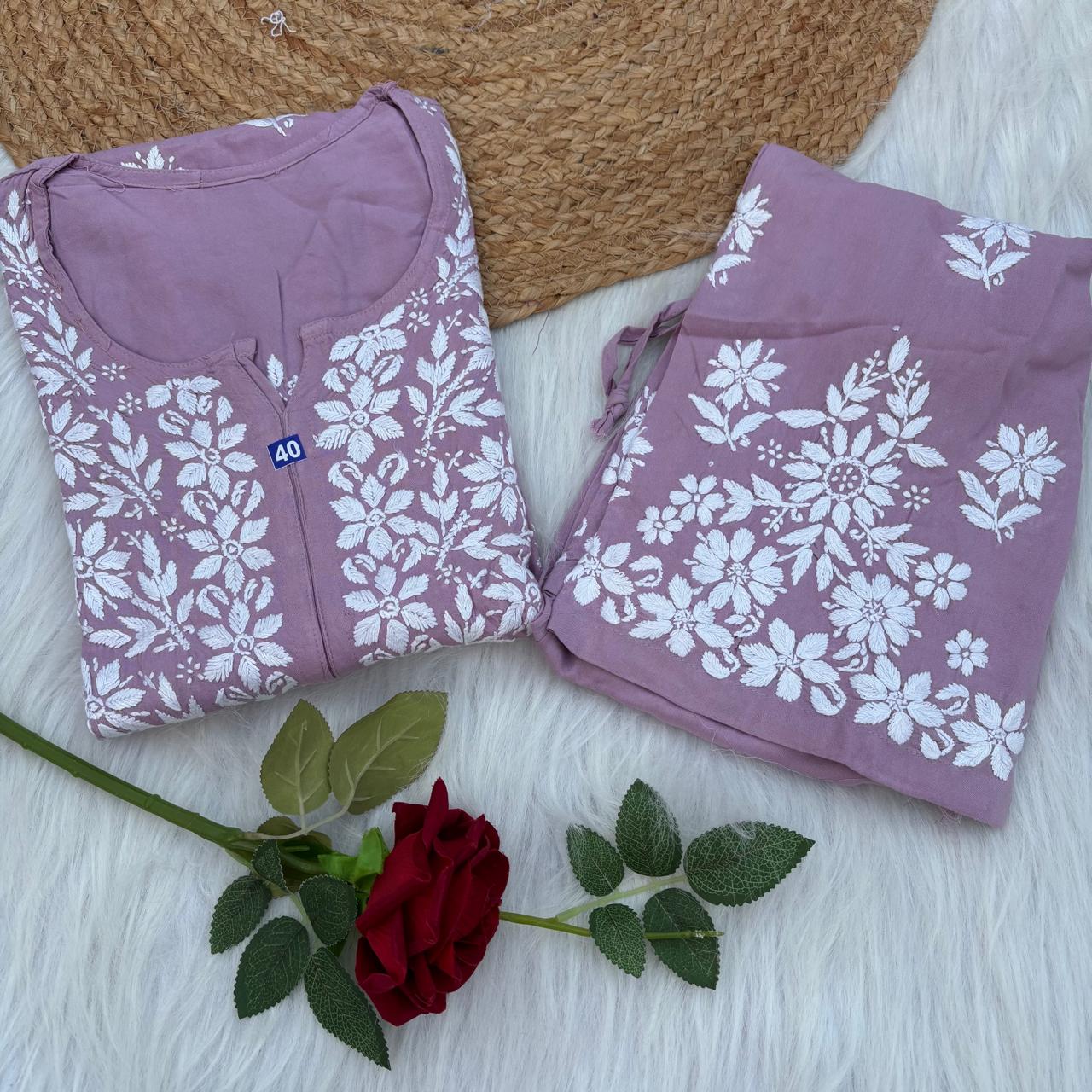 Maya Rayon Chikankari Kurti Plazo Set - Lavender Colour