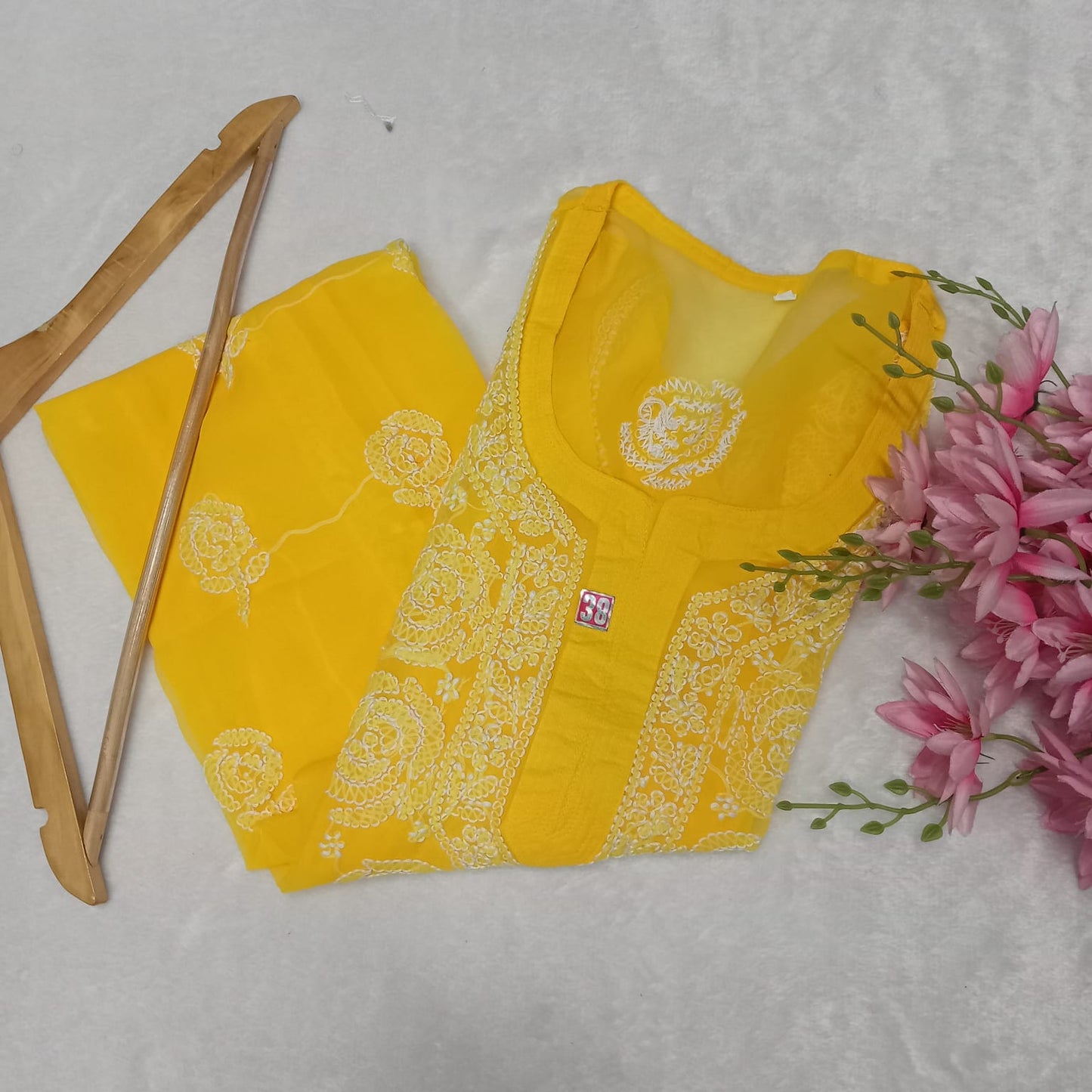 Georgette Chikankari Rose Work Kurti With Pure Cotton Inner -Yellow Colour - Chikankaar
