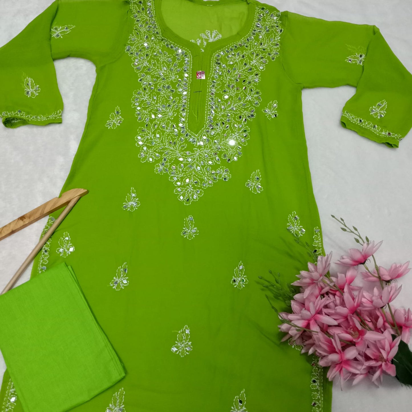 Georgette Mirror Work Chikankari Kurti With Inner - Parrot Colour - Chikankaar