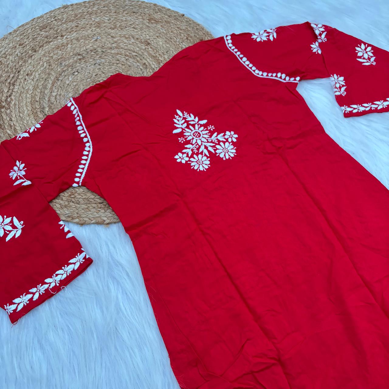 Maya Rayon Chikankari Kurti Plazo Set - Red Colour