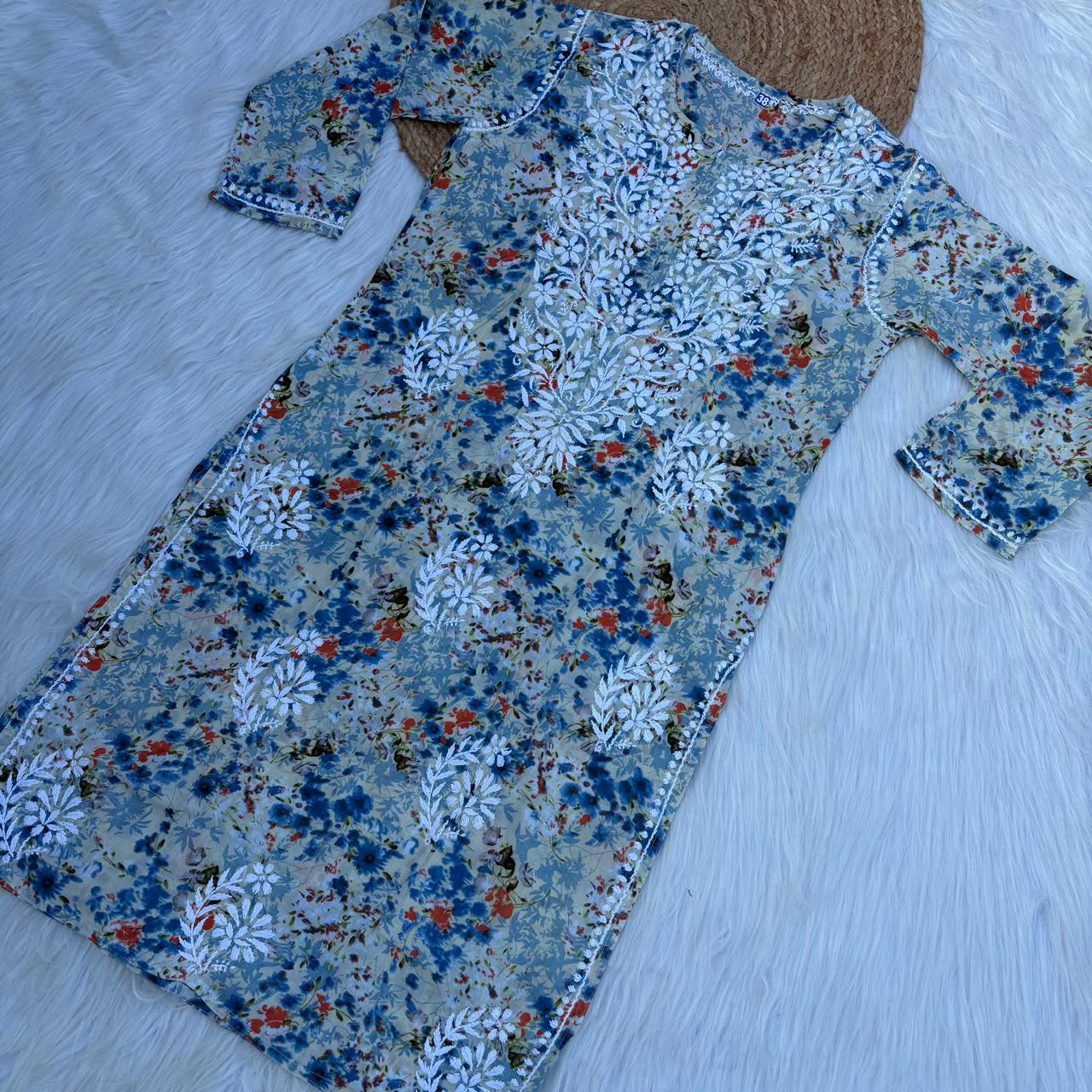 Fatima Pure Mulmul Chikankari Handwork Kurti - Blue Colour