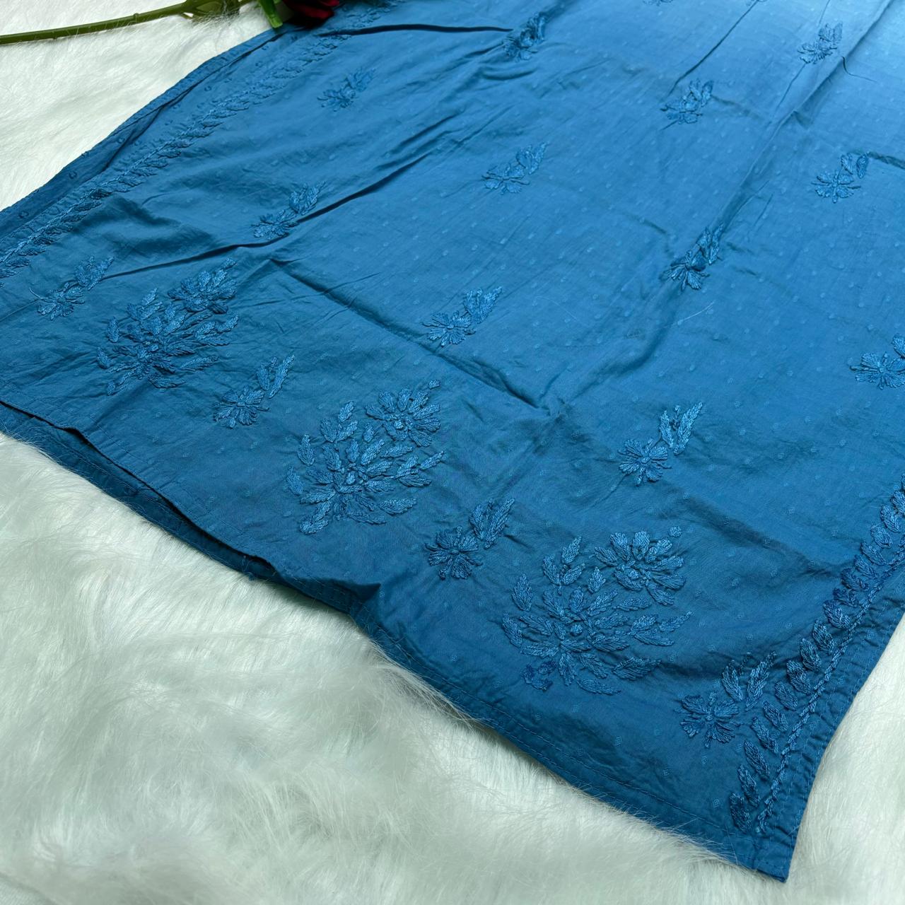 Adaah Ombre Shaded Dobby Cotton Chikankari Kurti - Sky Blue - Chikankaar