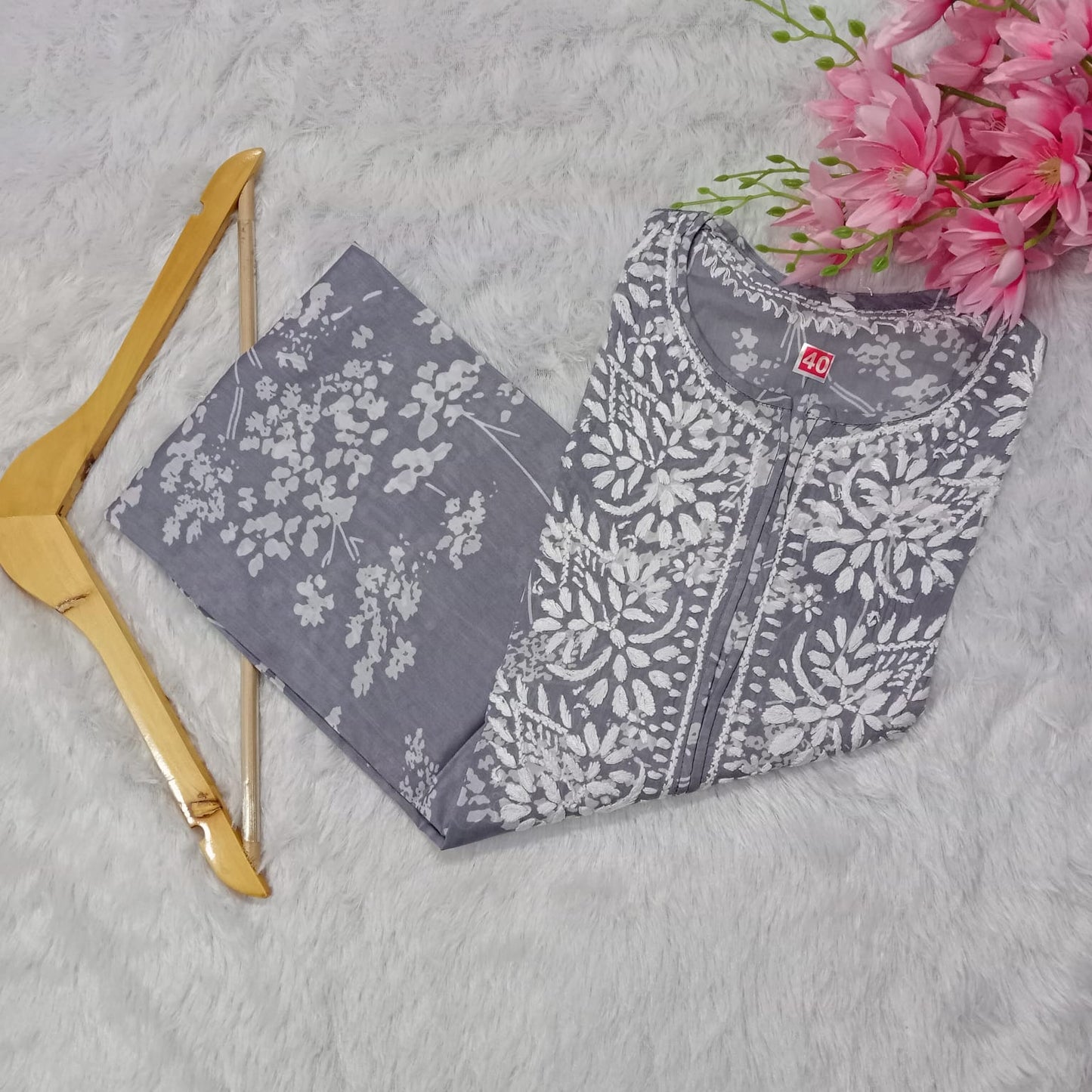 Manushi Chhillar Inspired Pure Mulmul Printed Chikankari Handwork Kurti - Grey Colour - Chikankaar