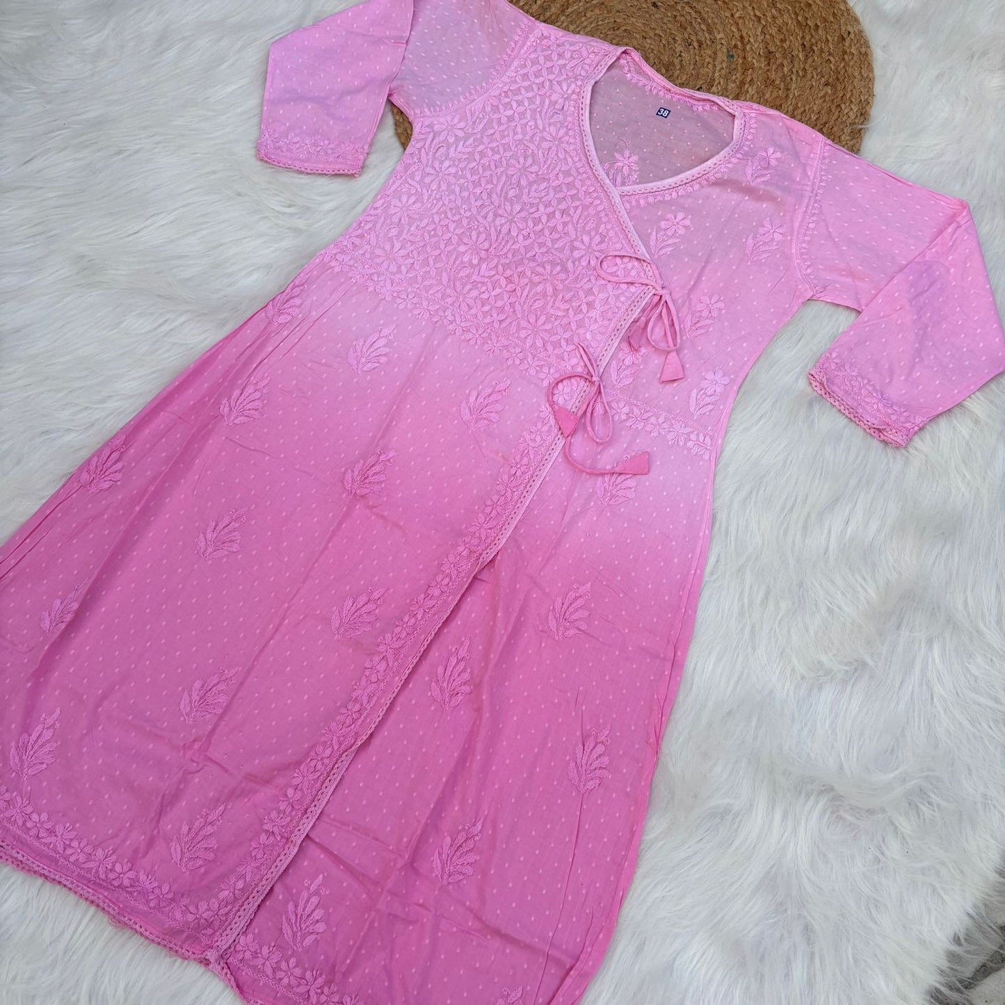 Shazia Ombre Shaded Dobby Cotton Chikankari Angarakha - Baby Pink Colour