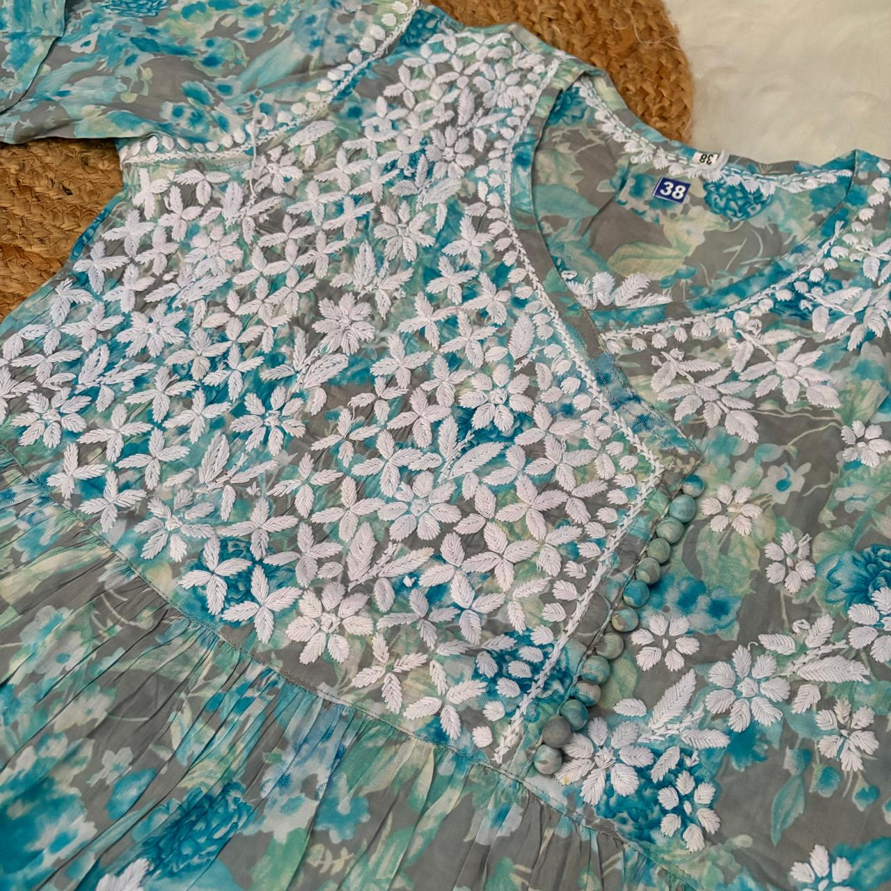 Zainab Pure Mulmul Cotton Gown - Sky Blue Colour - Chikankaar