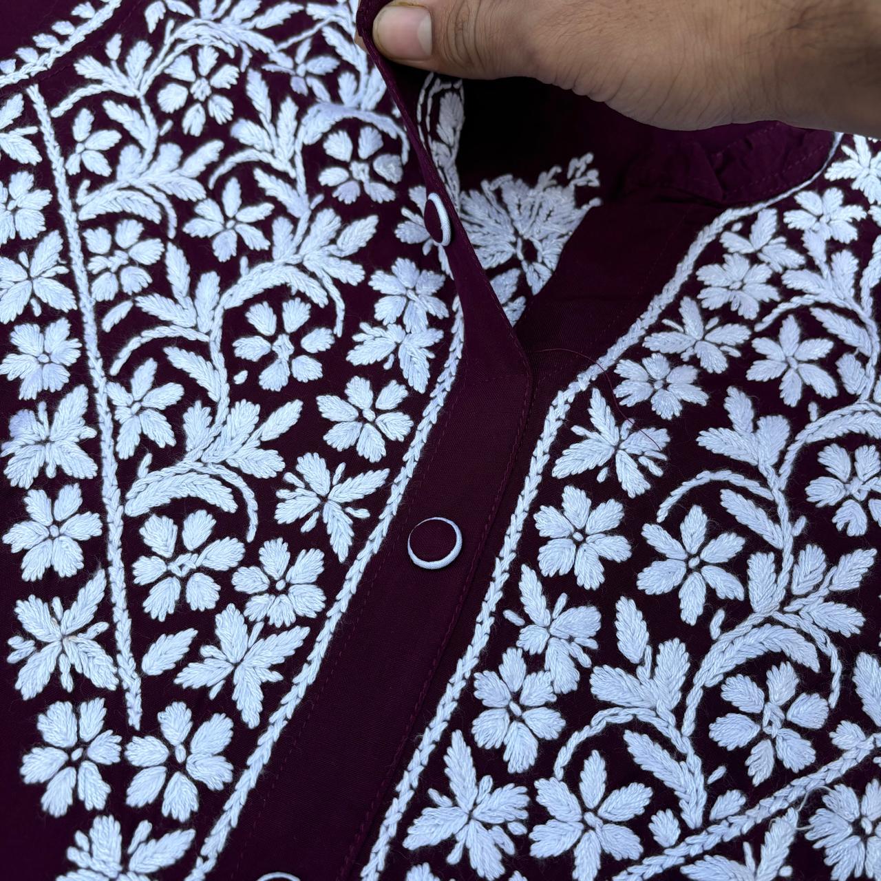 Rihana Rayon Chikankari Short Kurti Plazo Coord Set - Wine colour - Chikankaar