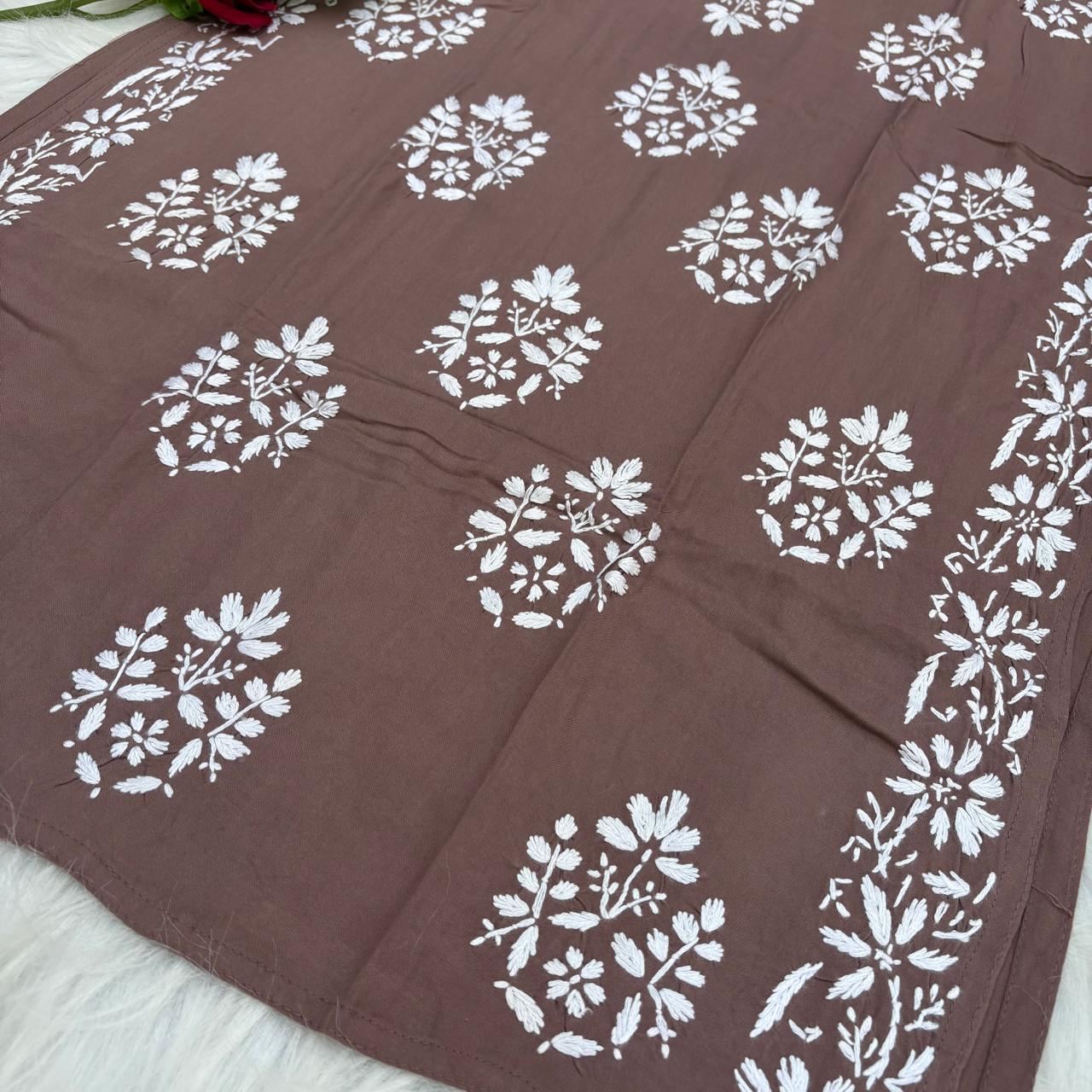 Ameena Soft Rayon Chikankari Kurti - Brown Colour