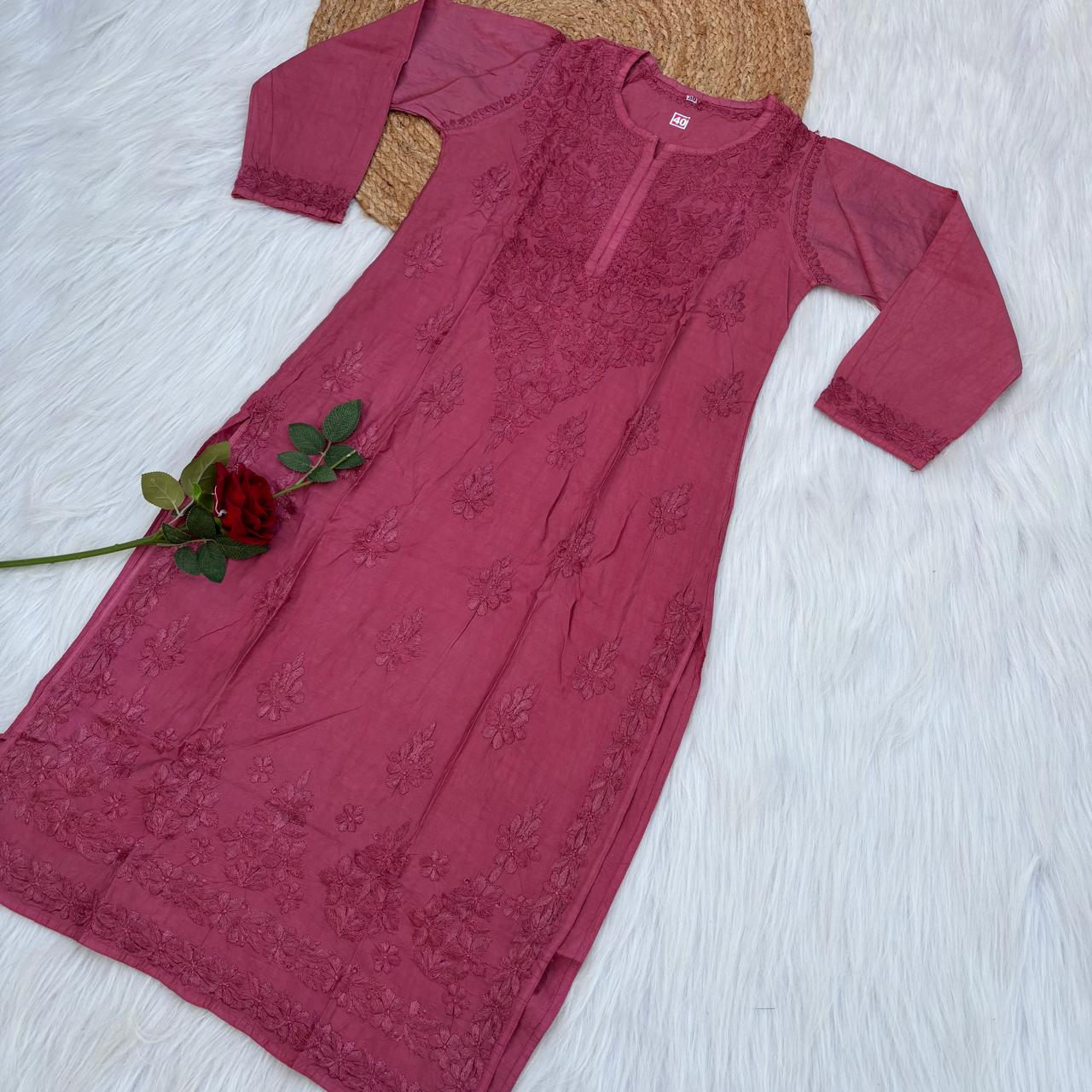 Zooni Chanderi Lucknowi Chikankari Dyed Kurti-Magenta colour