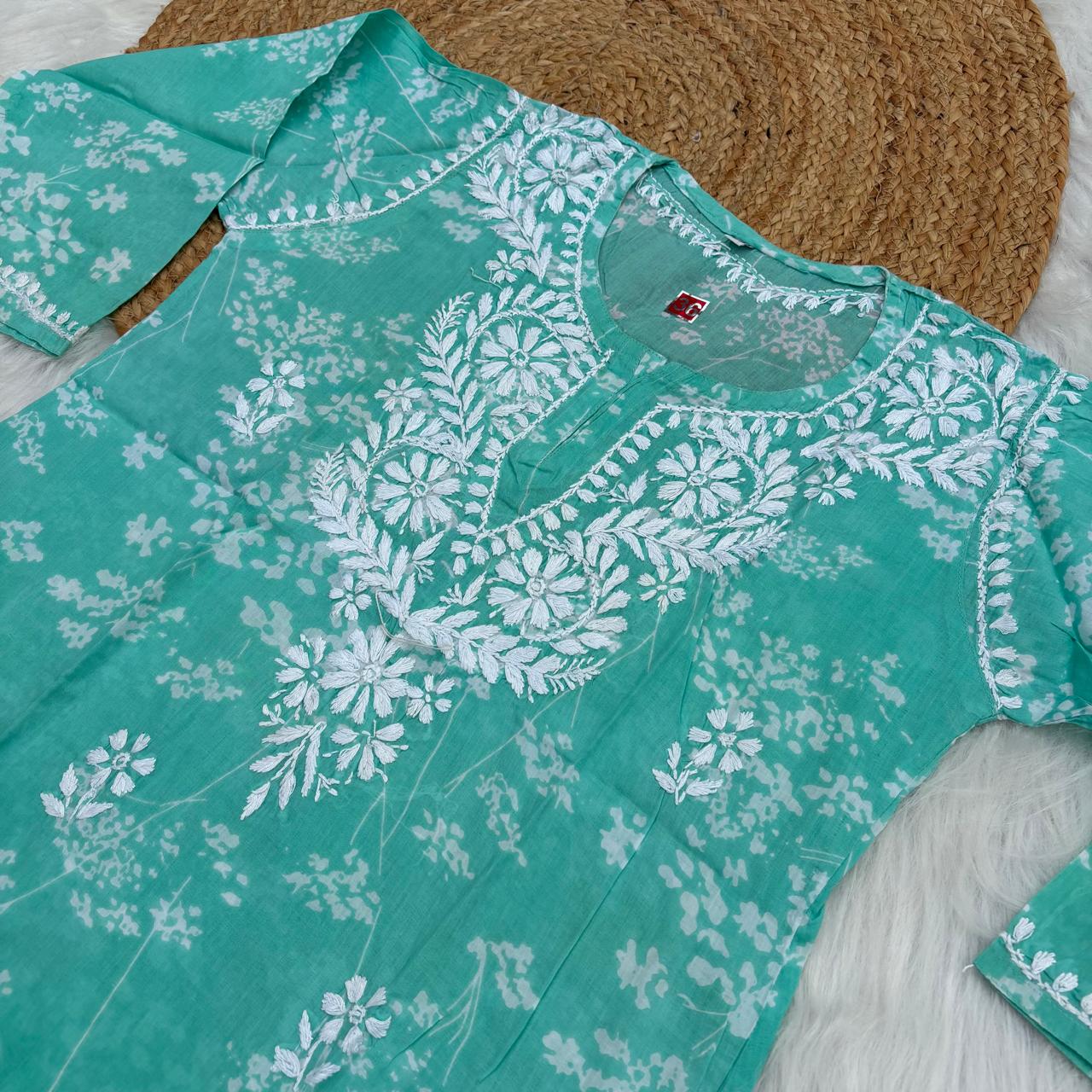 Malika Pure Mulmul Cotton Short Kurti - Sea green Colour