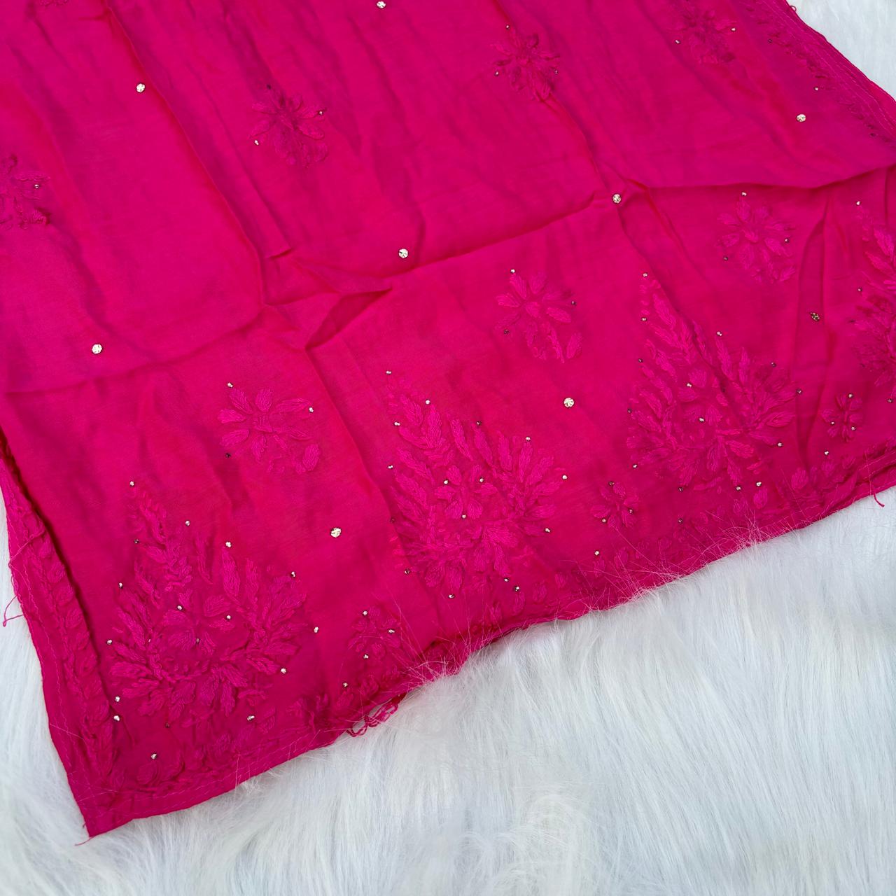 Rakul Preet Inspired Chikankari Muslin Kurti with Mukaish Work - Rani Colour - Chikankaar