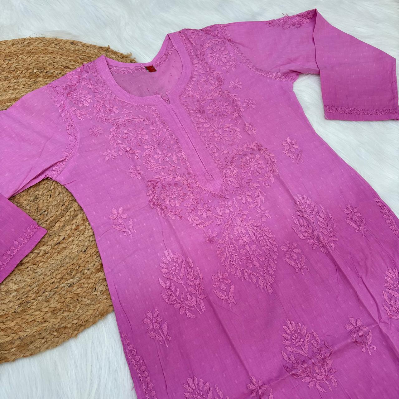 Tuba Ombre Shaded Dobby Cotton Chikankari Kurti - Fuchsia Colour - Chikankaar