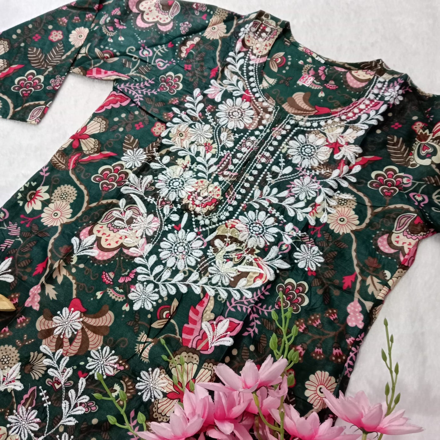 MULMUL COTTON CHIKANKARI MACHINE WORK KURTI -DARK GREEN COLOUR - Chikankaar