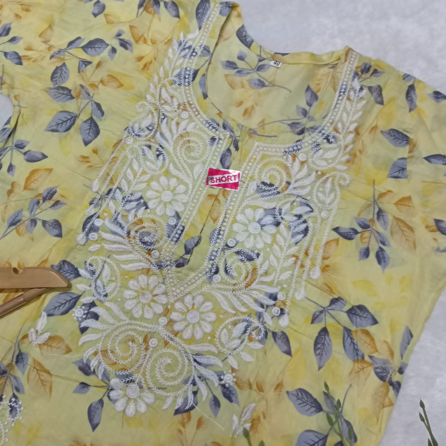 Mulmul Cotton Chikankari Short Kurti - Yellow Colour