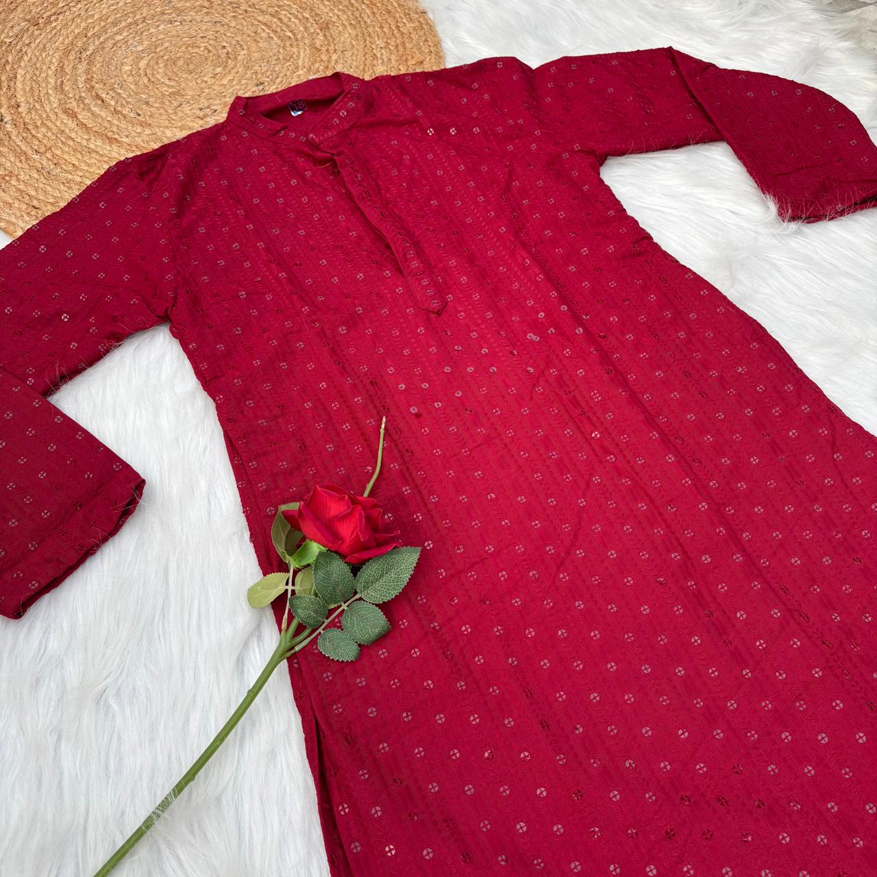Ayaan Mens Cotton Chikankari Kurta - Maroon colour
