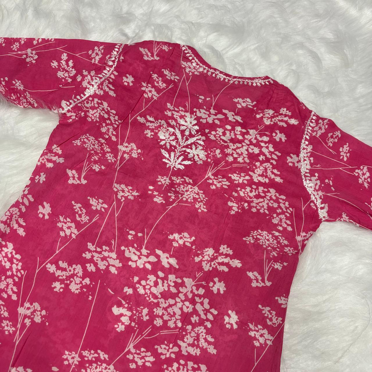 Mahira Sharma Inspired Pure Mulmul Printed Chikankari Handwork Kurti - Pink Colour - Chikankaar