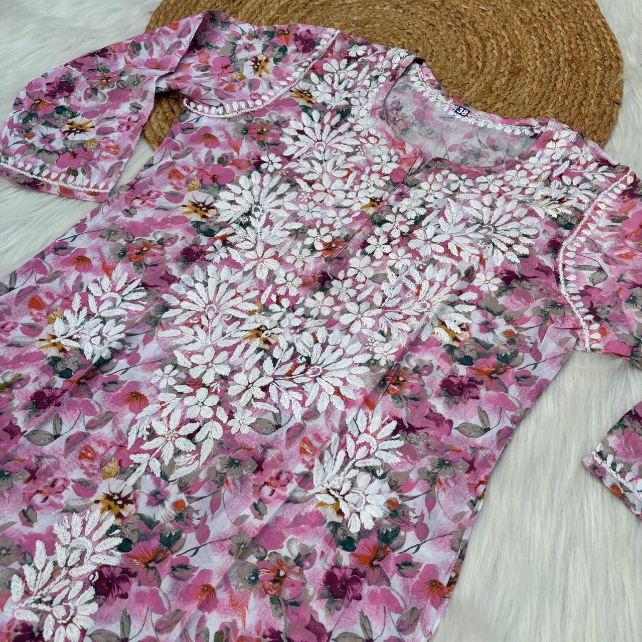 Yasmin Pure Mulmul Chikankari Handwork Kurti - Pink Colour