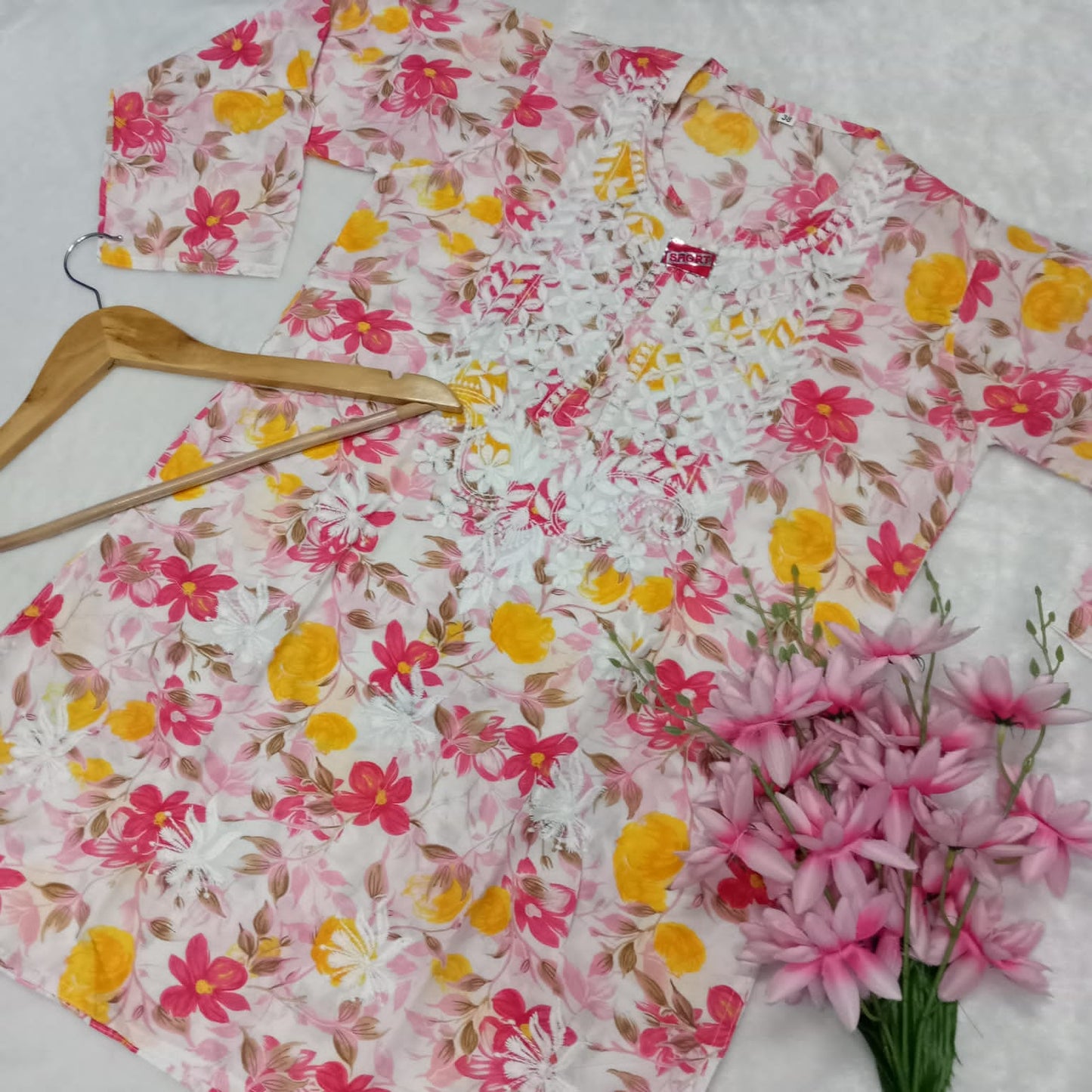 Mulmul Cotton Chikankari Short Kurti -Pink Colour - Chikankaar