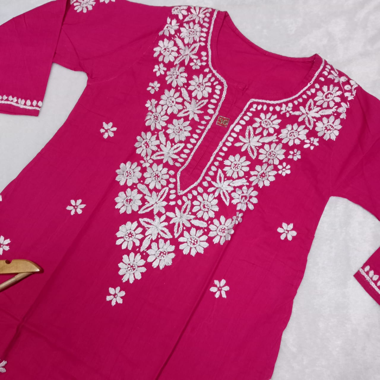 Pure Cotton Chikankari Handwork Kurti - Rani Colour - Chikankaar