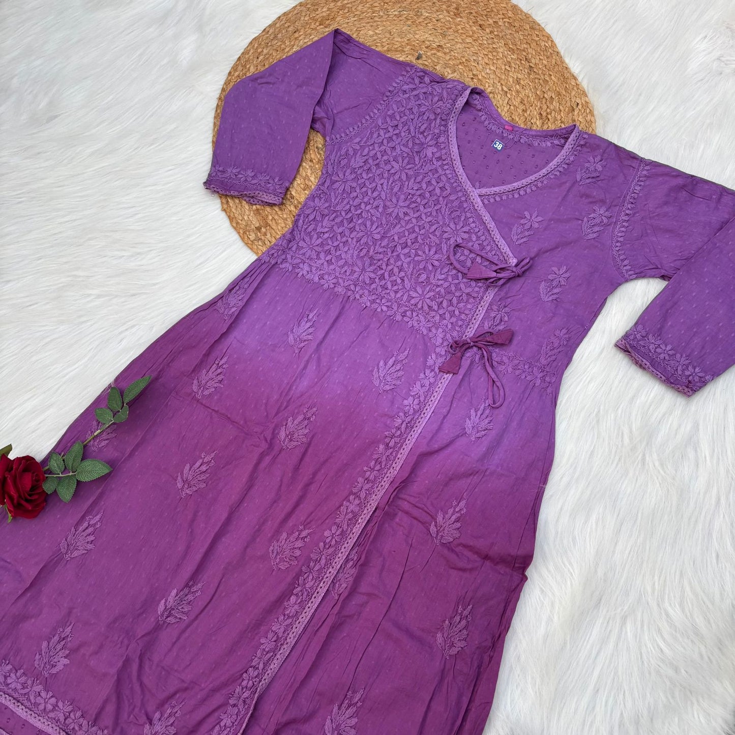 Shazia Ombre Shaded Dobby Cotton Chikankari Angarakha - Wine Colour