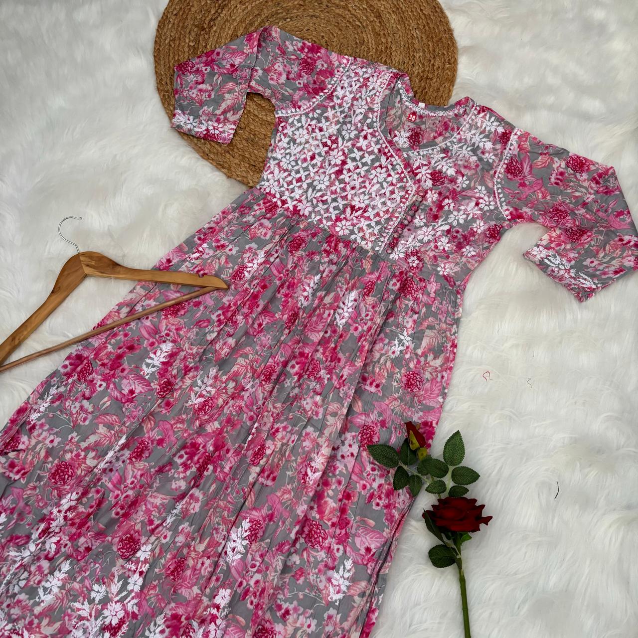 Zainab Pure Mulmul Cotton Gown - Pink Colour - Chikankaar