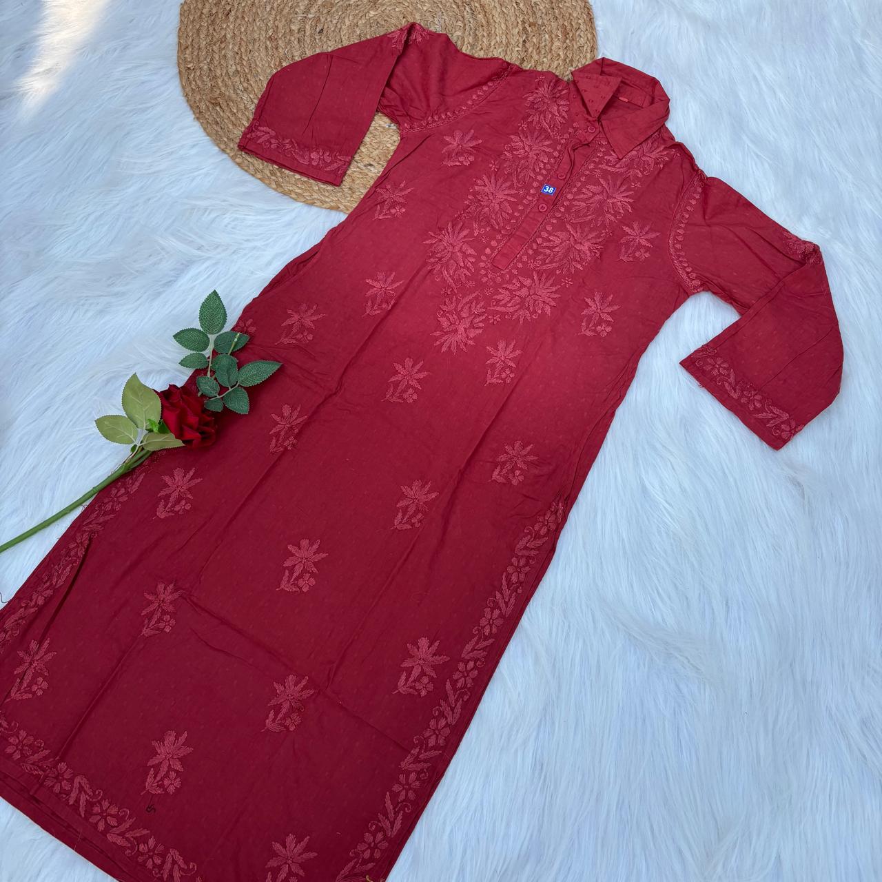 Sadia Dobby Cotton Ombre Shaded Chikankari Kurti with Collar - Red Colour