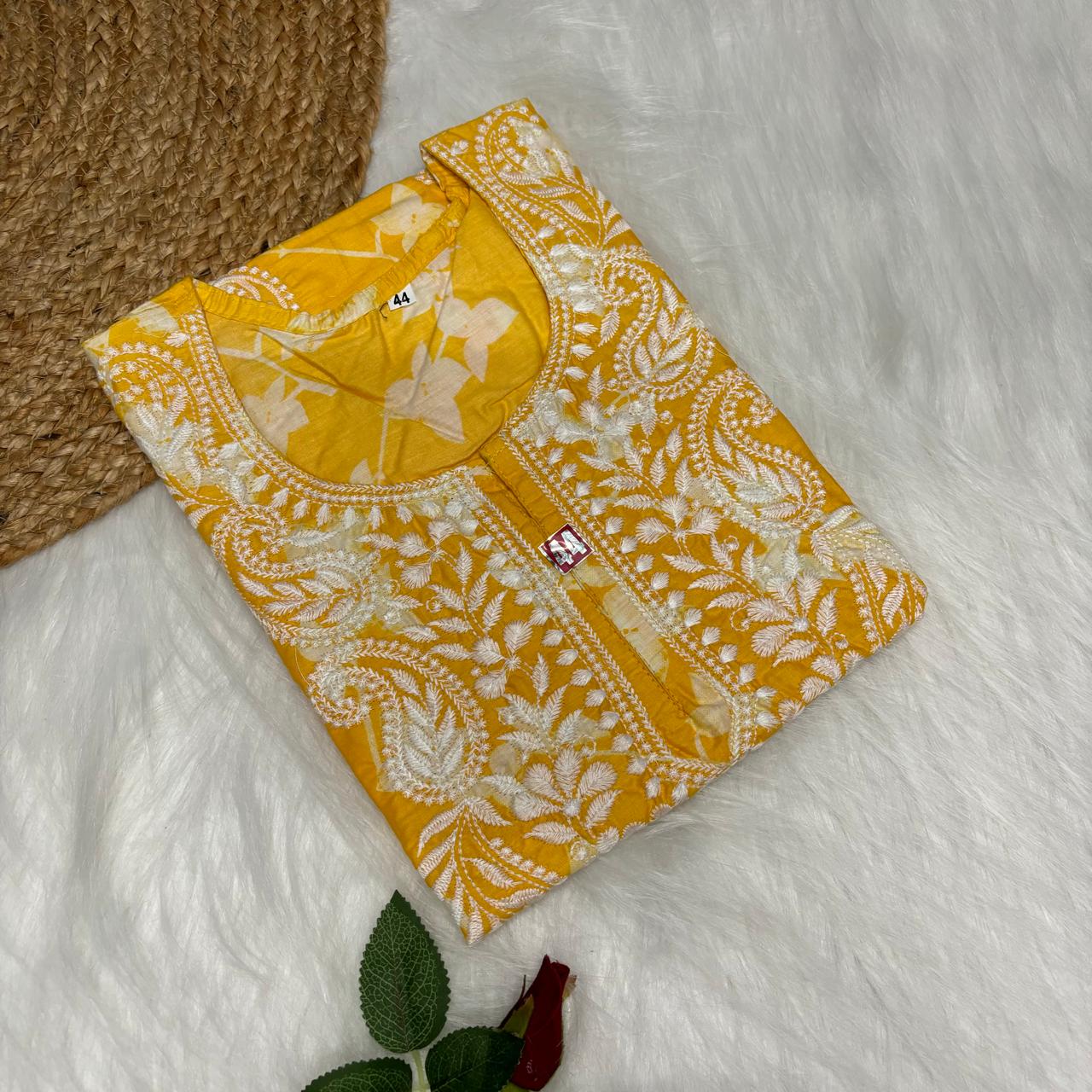 Mulmul Cotton Chikankari Machine Work Kurti - Yellow Colour - Chikankaar