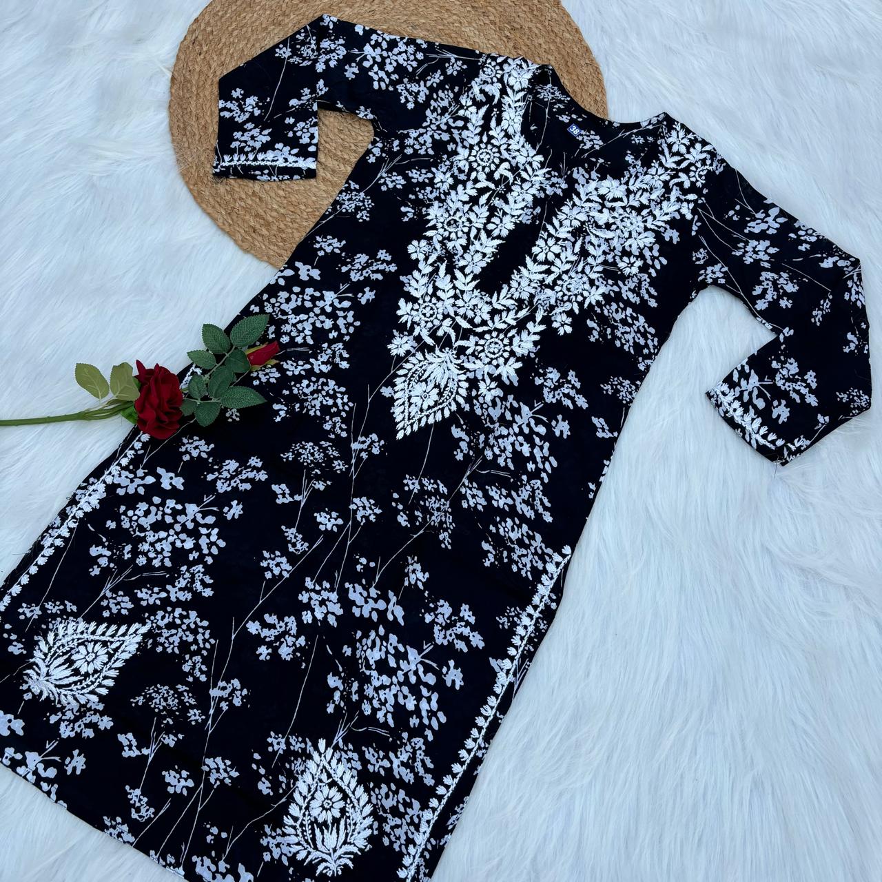 Mahira Sharma Inspired Pure Mulmul Printed Chikankari Handwork Kurti - Black Colour - Chikankaar