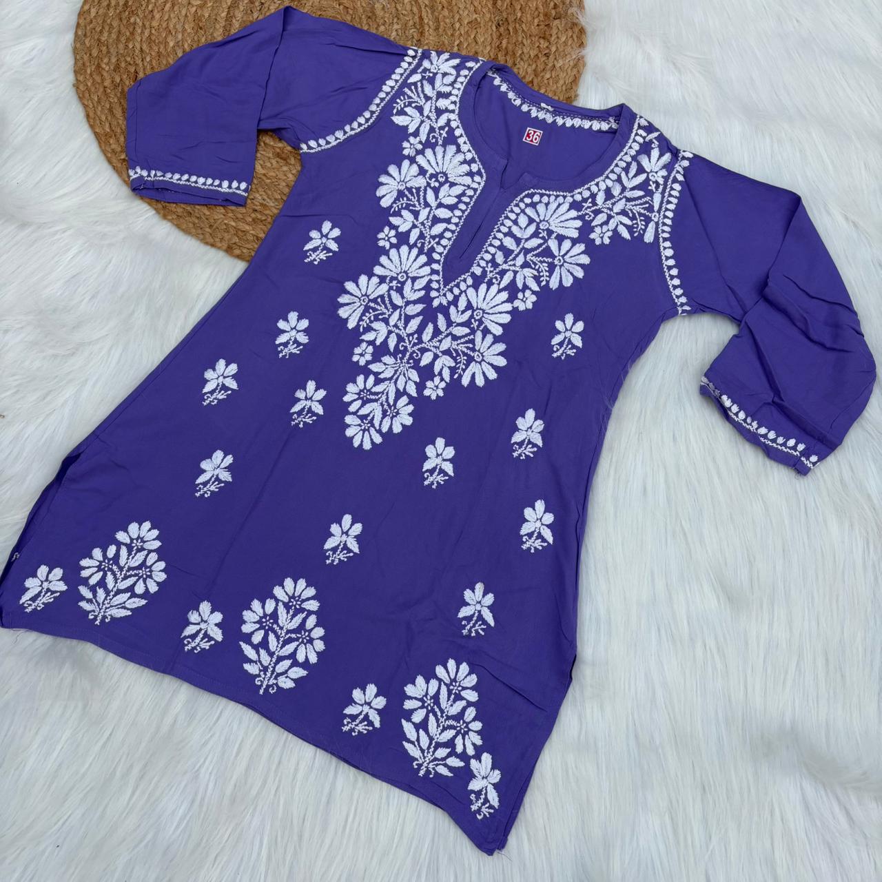 Ina Soft Rayon Chikankari Short Kurti - Purple Colour - Chikankaar