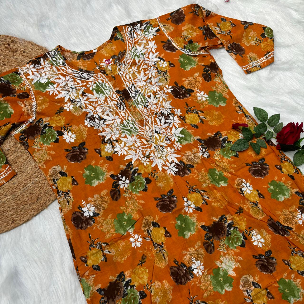 Plus size special-Dhanashree Inspired Mulmul Floral Printed Chikankari Handwork Kurti- Mustard Colour - Chikankaar