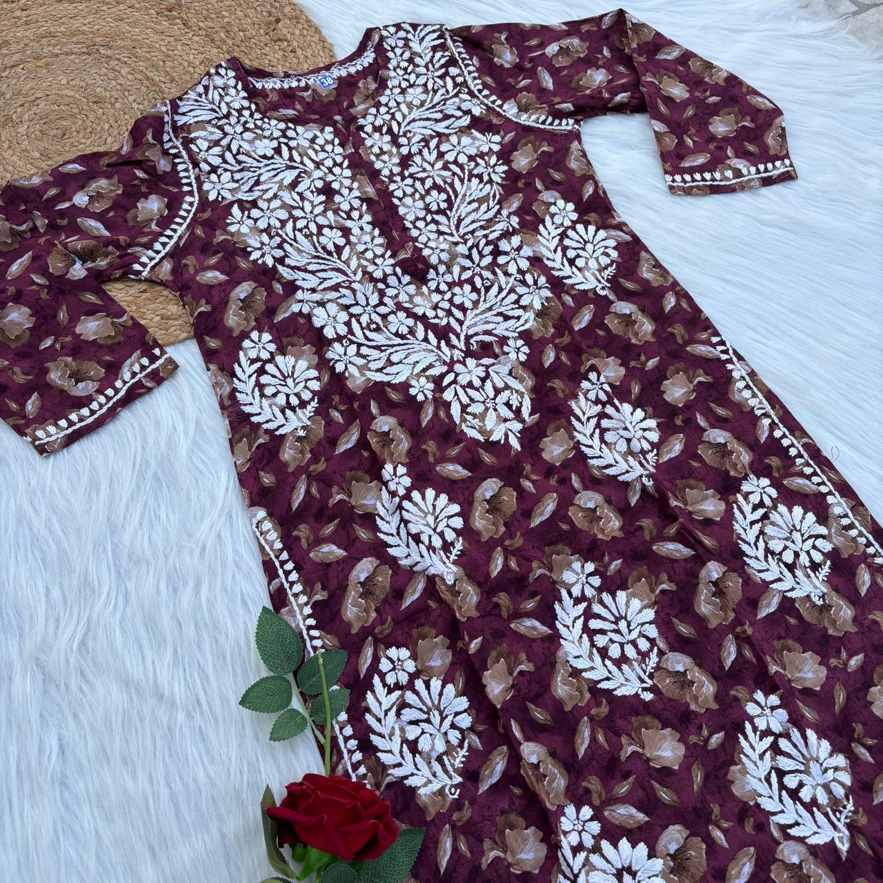 Sana Pure Mulmul Chikankari Handwork Kurti - Wine Colour