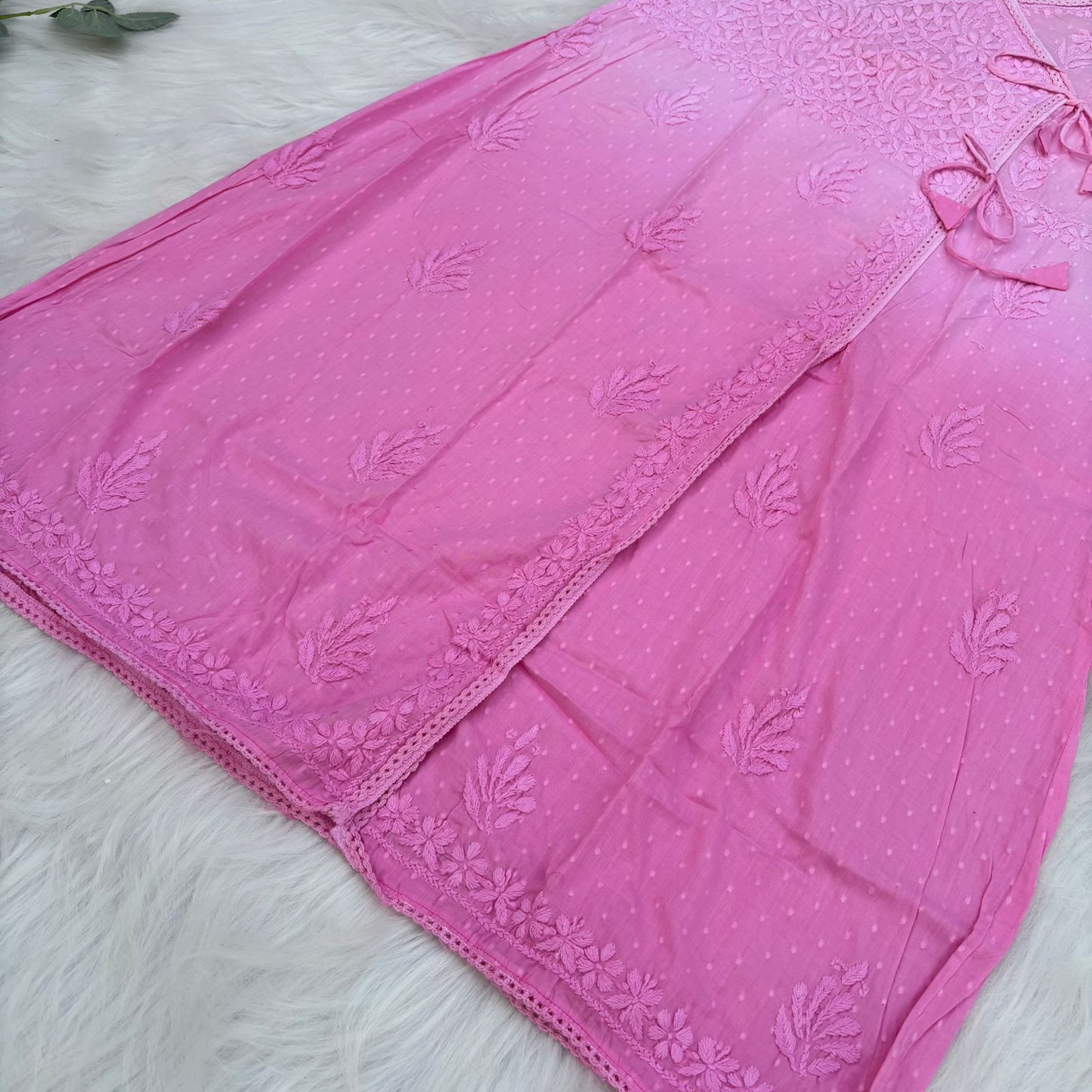 Shazia Ombre Shaded Dobby Cotton Chikankari Angarakha - Baby Pink Colour