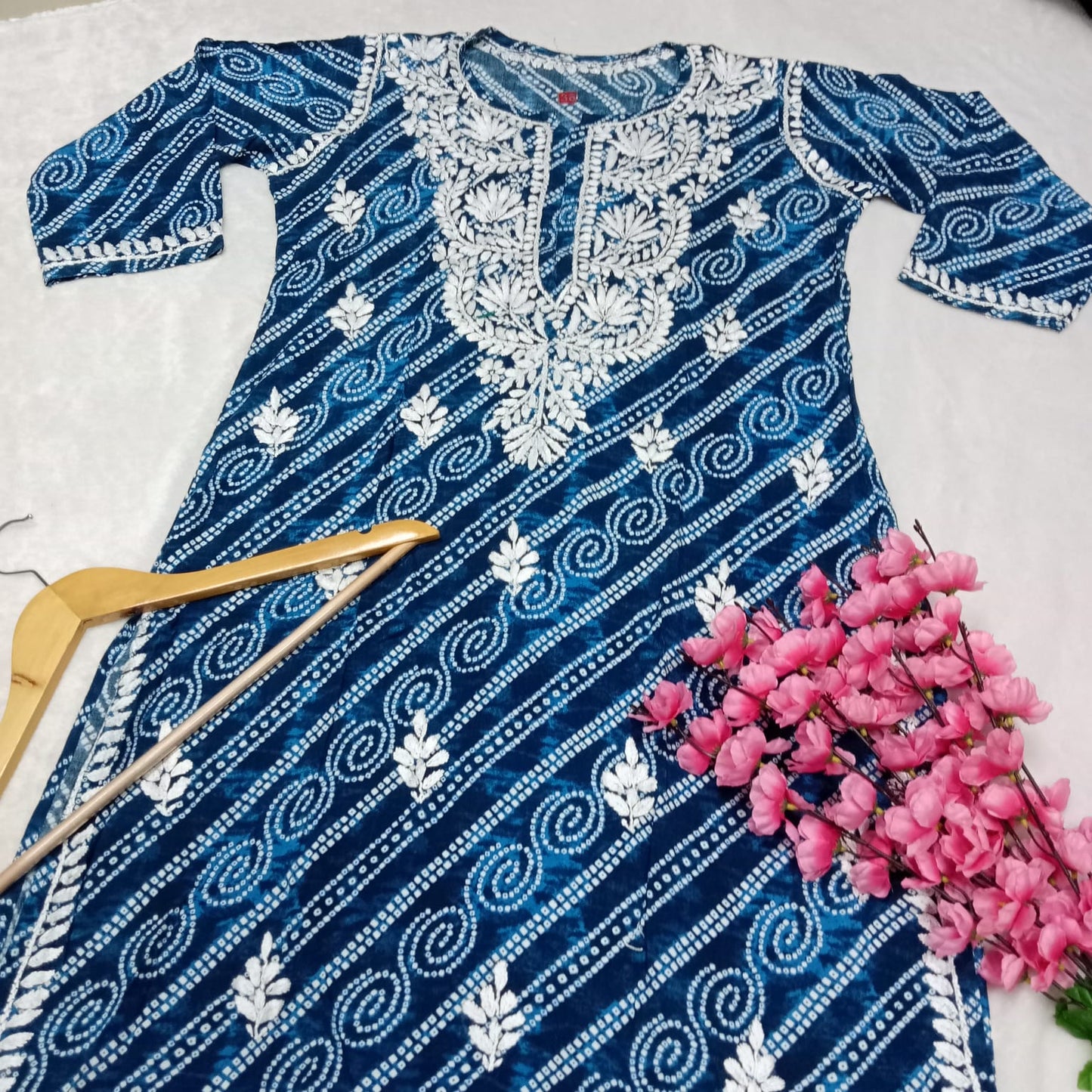 Falak Bandhani Print Rayon Chikankari Kurti Blue Colour - Chikankaar