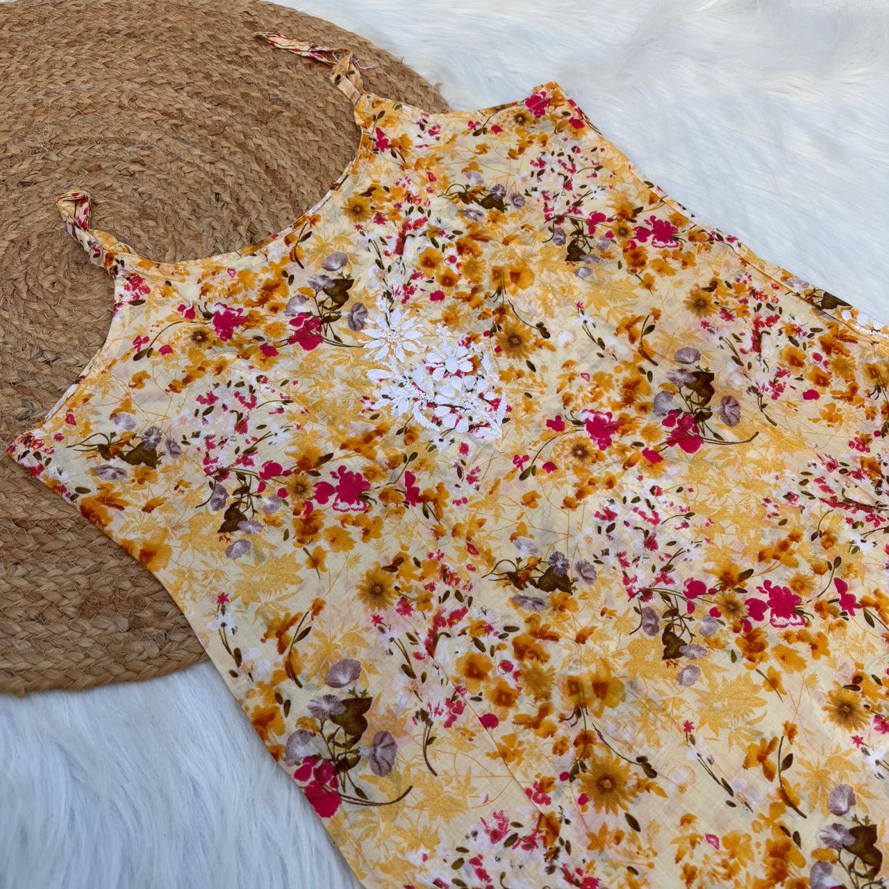 Hana Mulmul Chikankari Noodle Strap Short Kurti -Yellow colour (Length - 38")