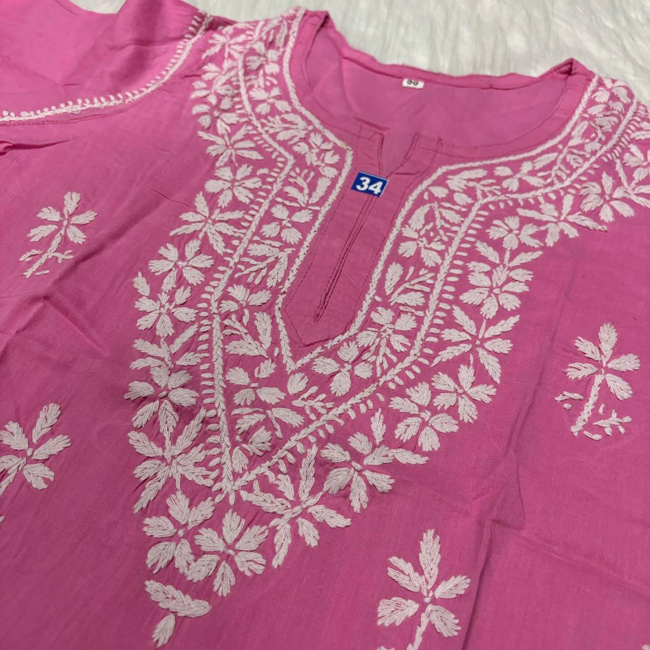 Ziya Pure Cotton Chikankari Short Top- Pink Colour - Chikankaar