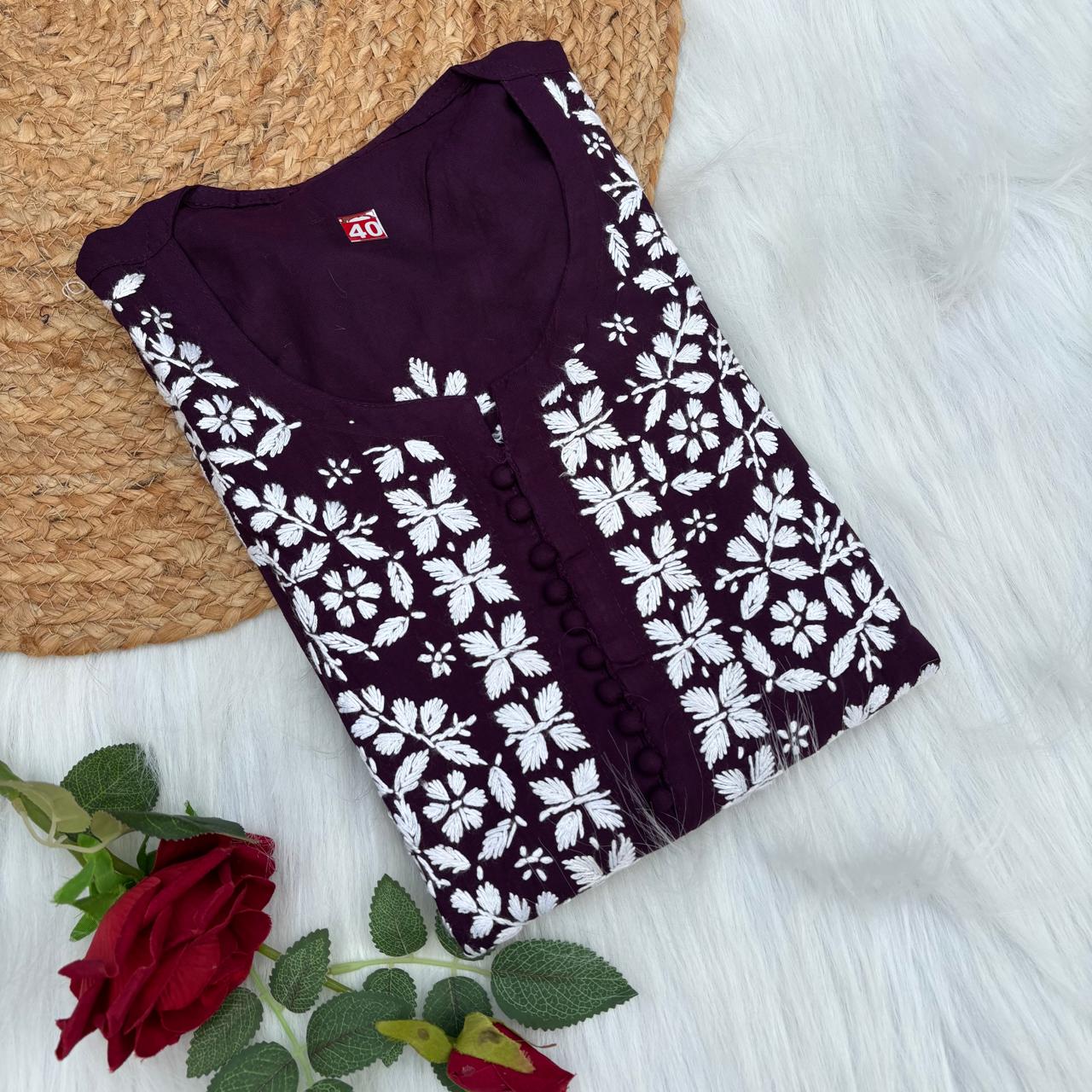 Ameena Soft Rayon Chikankari Kurti - Wine Colour