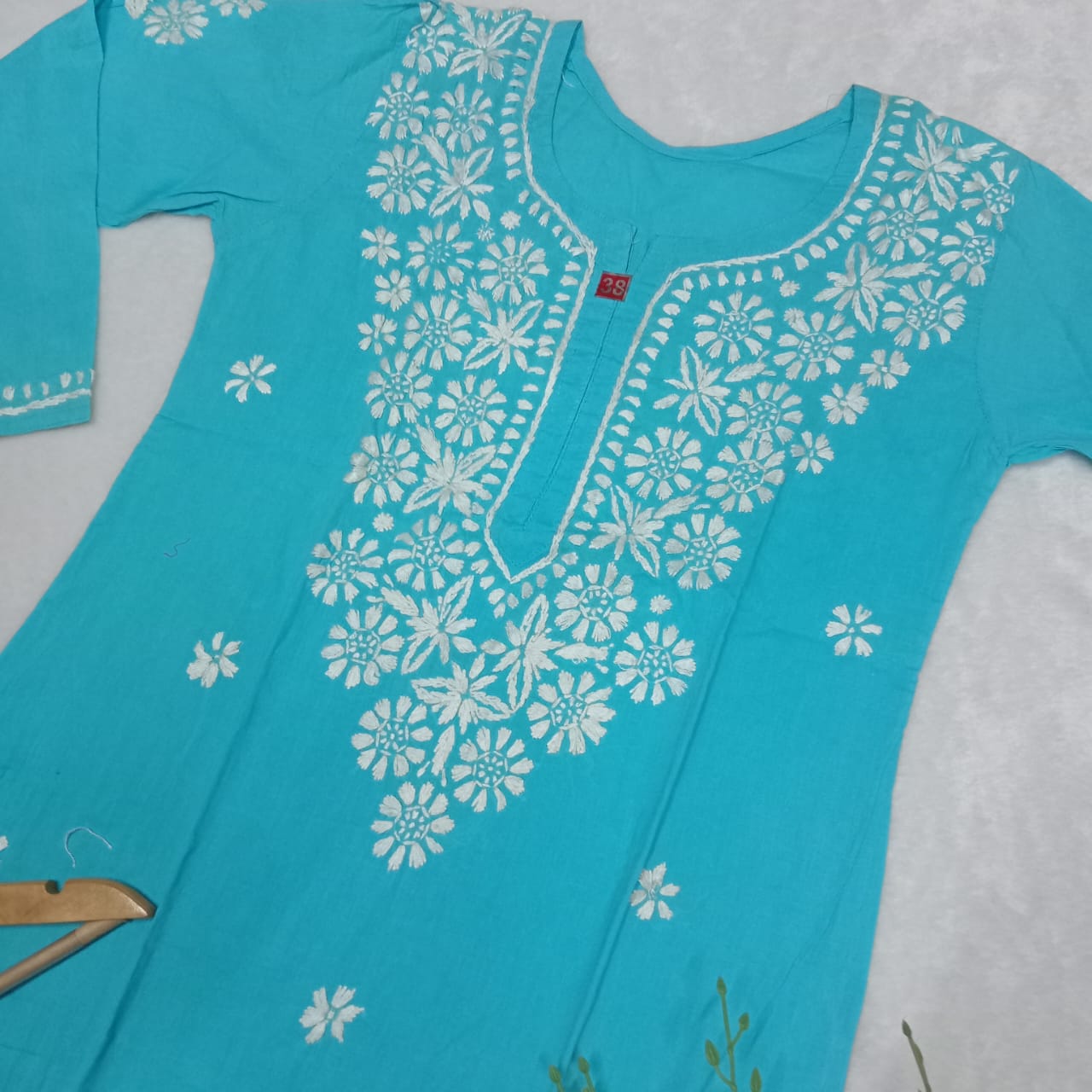 Pure Cotton Chikankari Handwork Kurti - Sky Blue Colour - Chikankaar