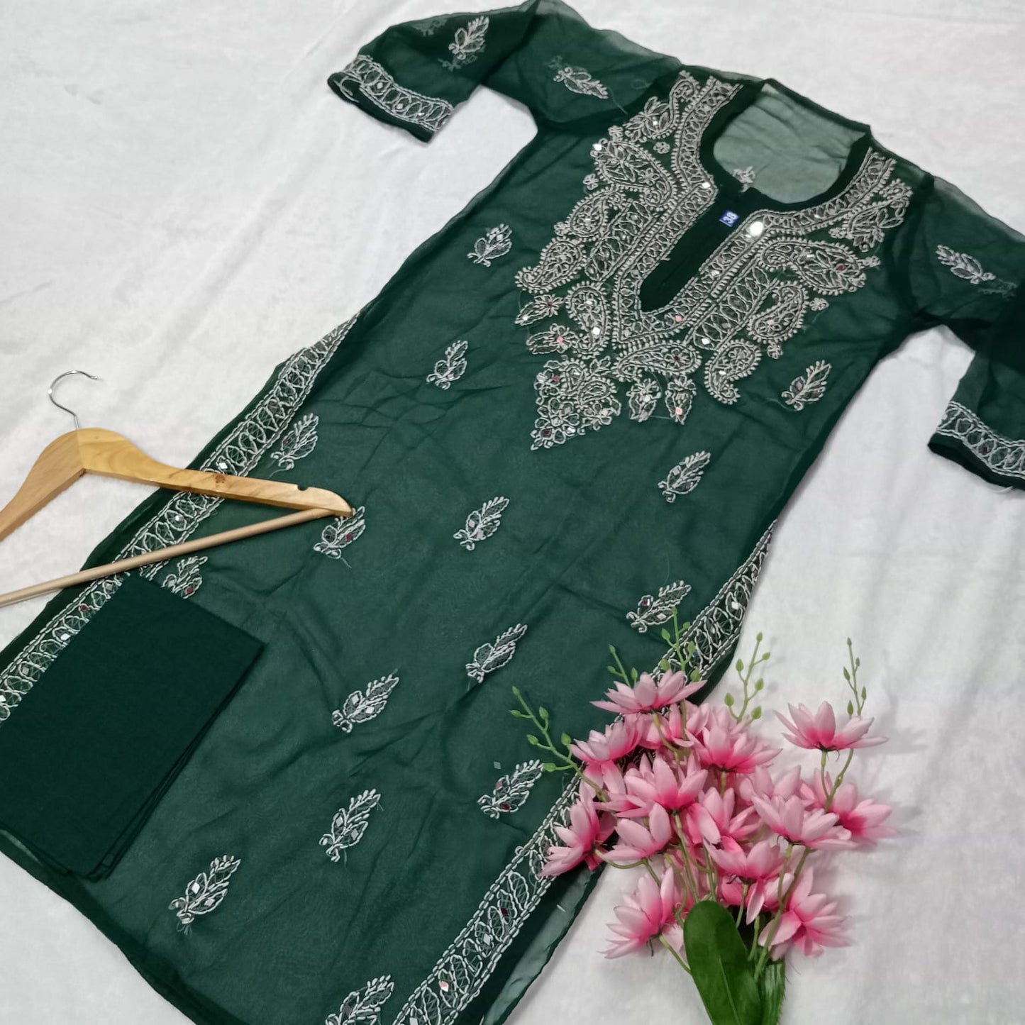 Georgette Mirror Work Chikankari Kurti With Inner- Dark Green Colour - Chikankaar