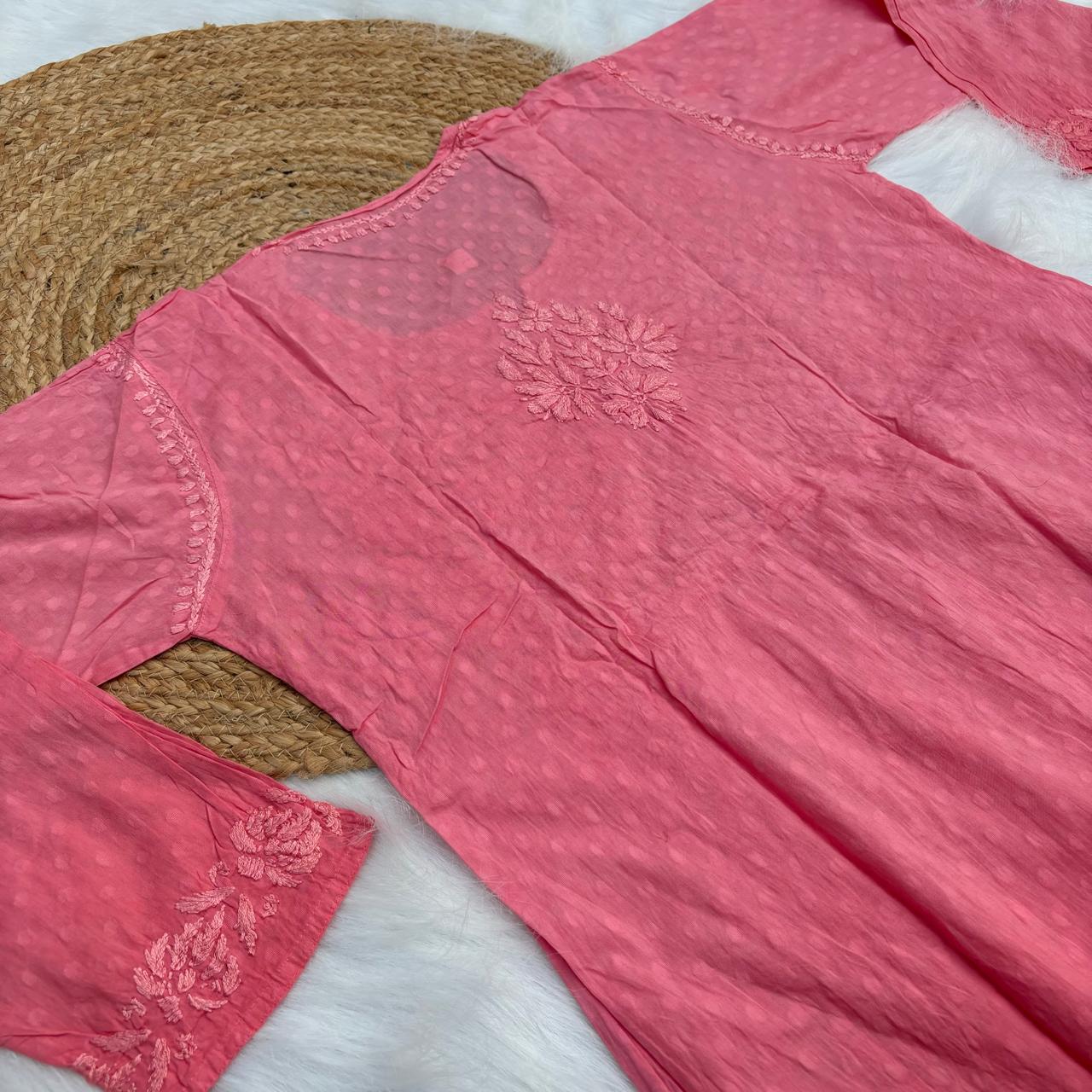 Aliya Dobby Cotton Nyra Cut Chikankari Aline Kurti - Peach Colour - Chikankaar