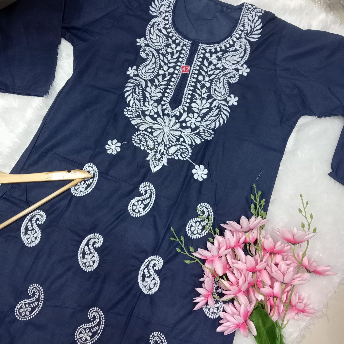 COTTON MACHINE WORK CHIKANKARI KURTI -NAVY BLUE COLOUR - Chikankaar