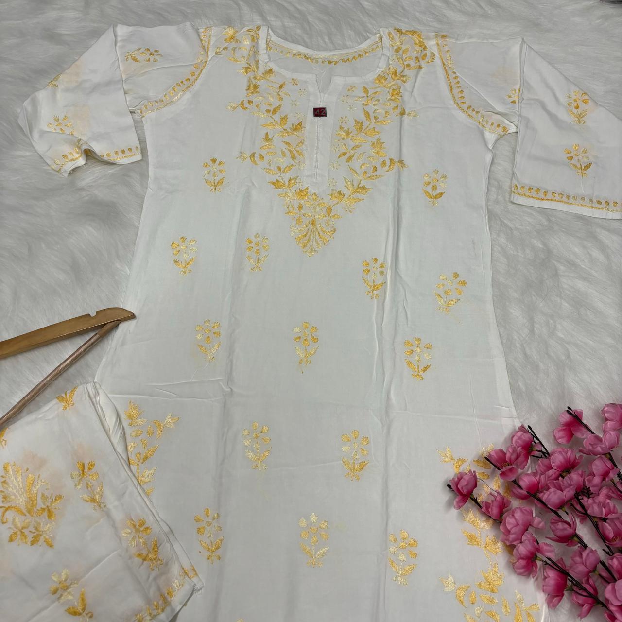 Aleena Rayon Chikankari Kurti Plazo Set - White Yellow color - Chikankaar