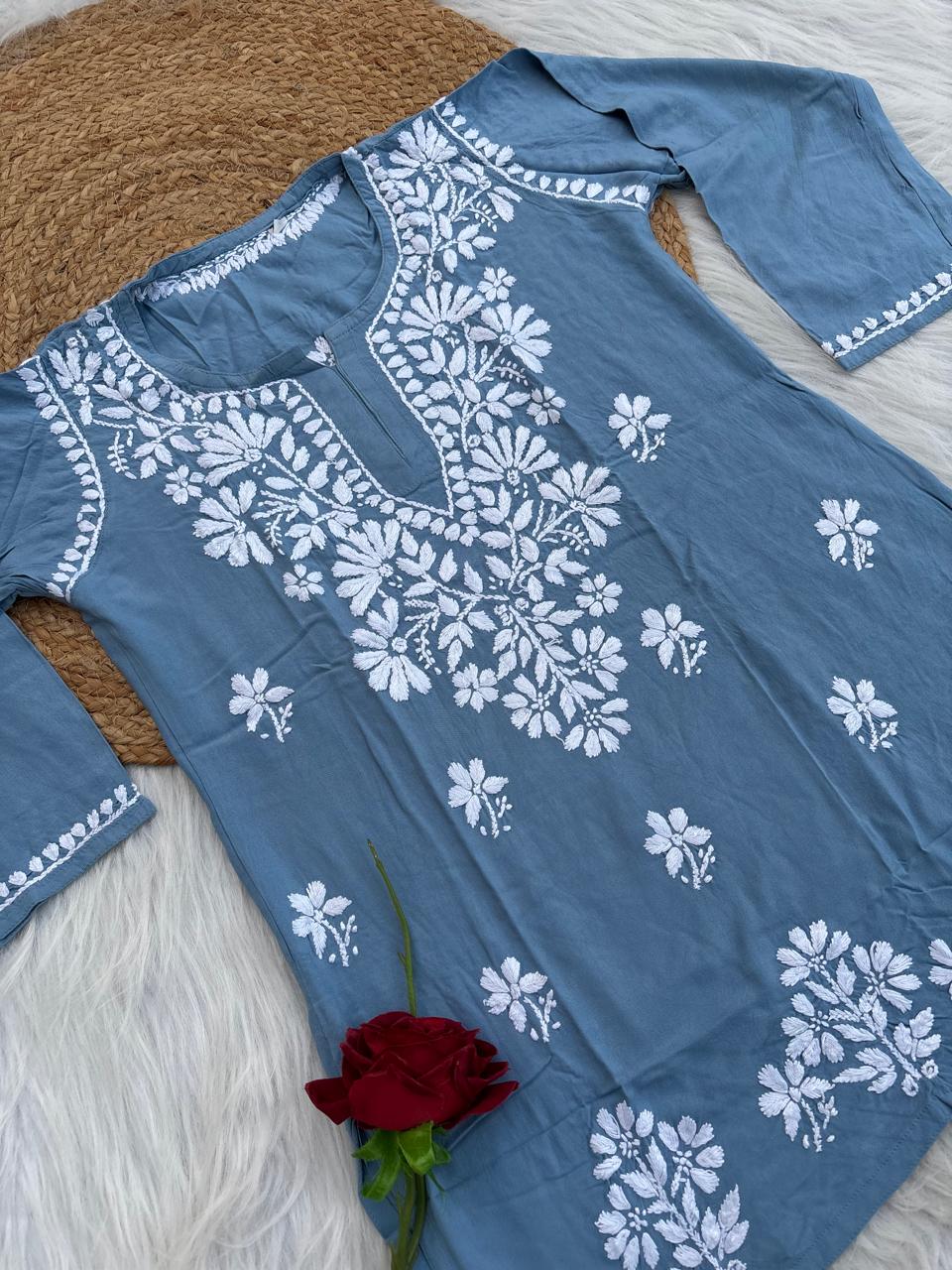 Ina Soft Rayon Handwork Chikankari Short Kurti - Blue Colour