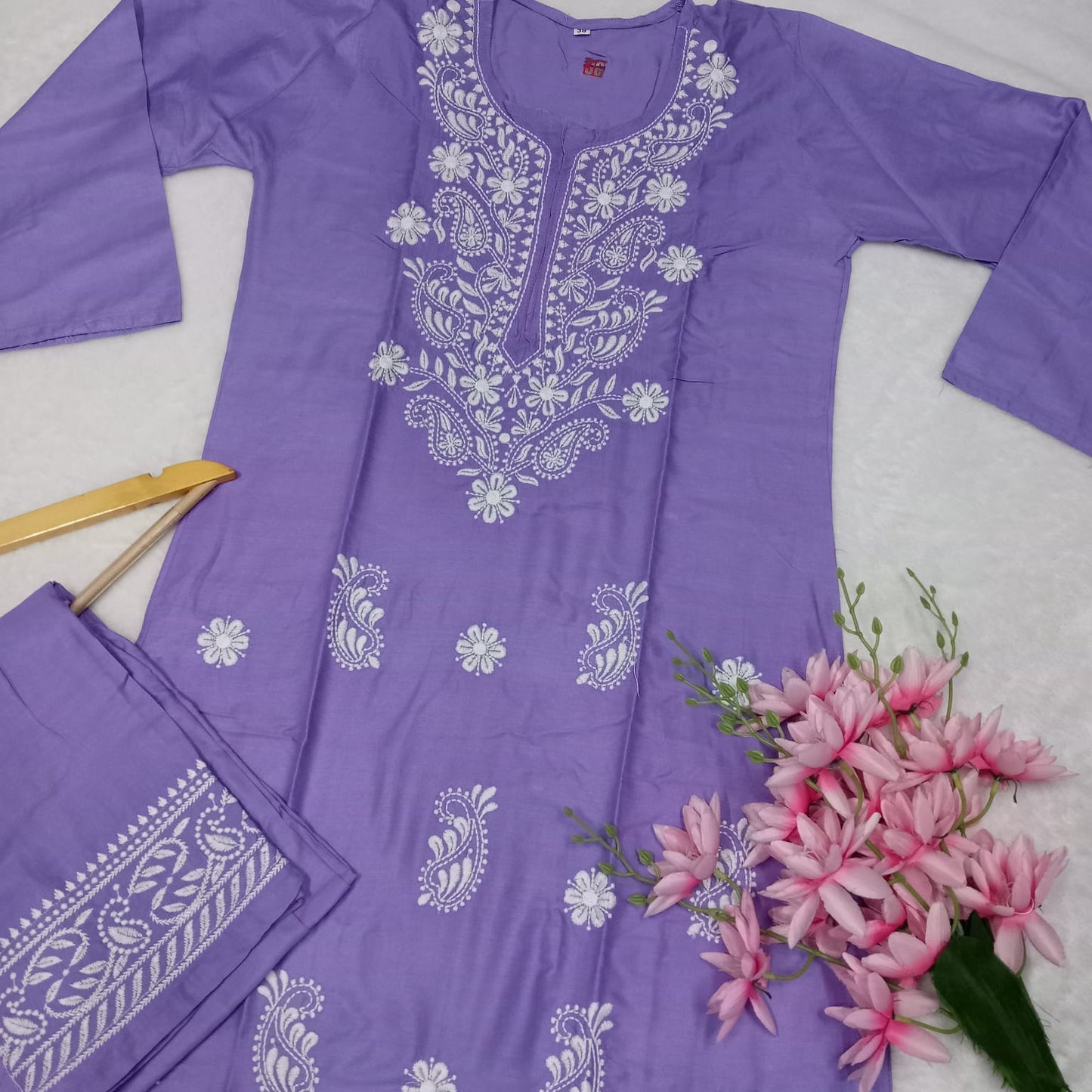 RAYON CHIKANKARI MACHINE WORK KURTI PLAZO SET-PURPLE COLOUR - Chikankaar