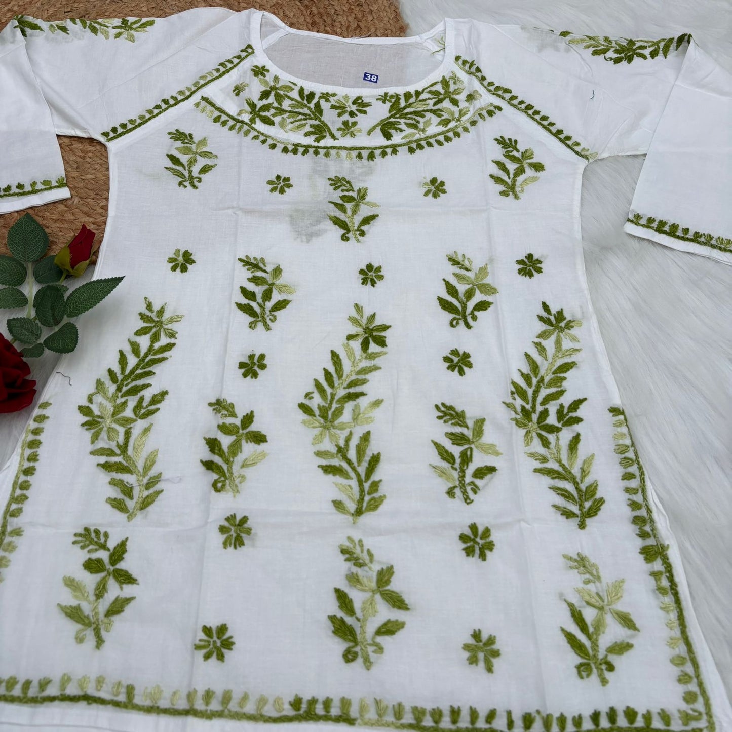 Alia Soft Rayon Chikankari Short Kurti - White Green Color - Chikankaar